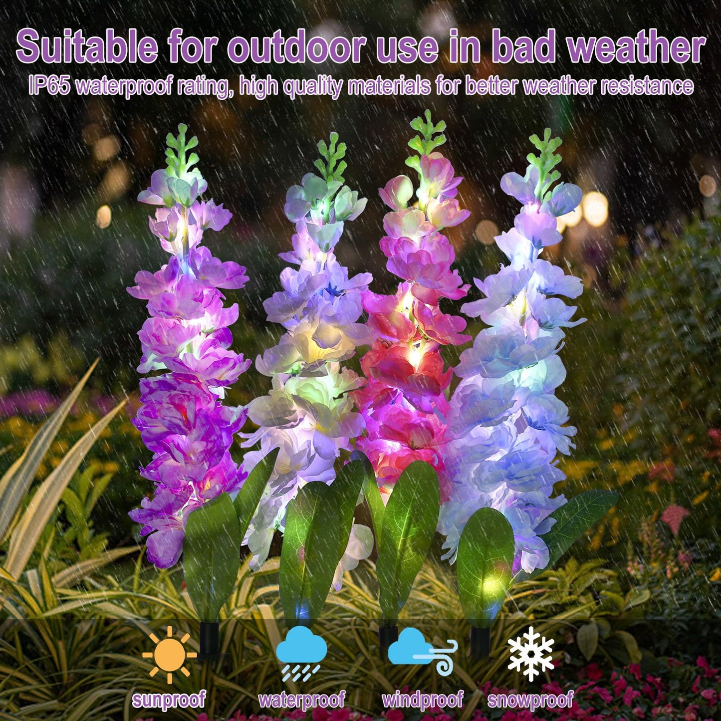 MRHEPHAESTUS Solar Garden Lights, 40 LEDs, Waterproof, 2 Pack, Multicolor, Delphinium Flowers, Model WallLight-1