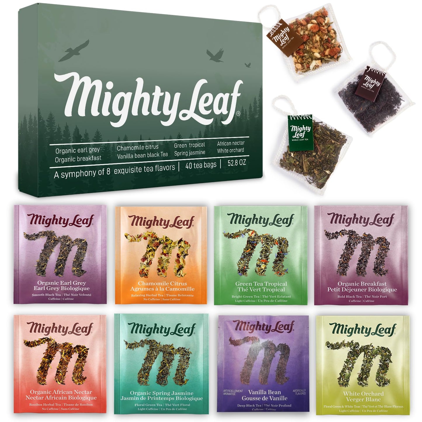 Mighty Leaf Organic Tea Sampler - 40 Count Silken Tea Bags - 8 Assorted Flavors Gift Box