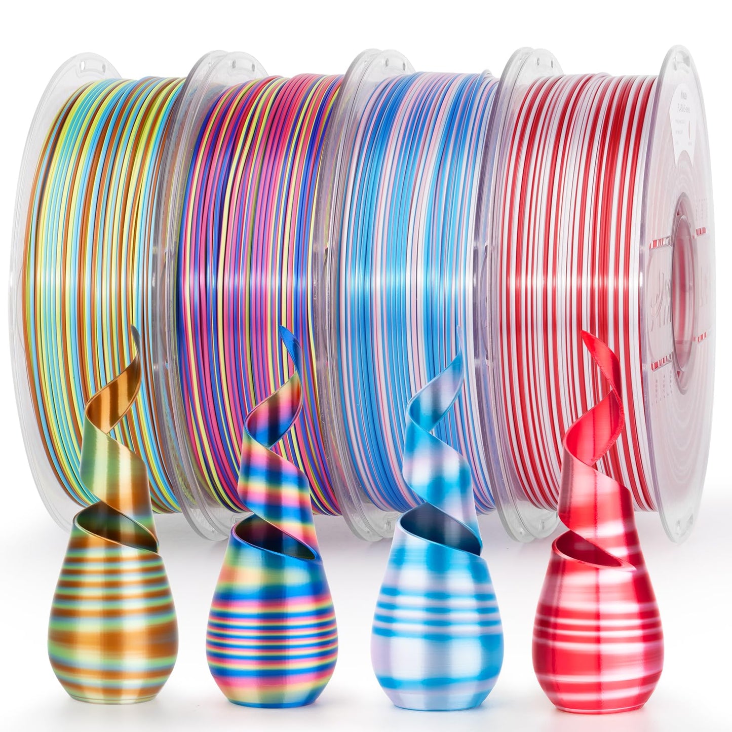 AMOLEN Silk PLA 3D Printer Filament Bundle, Shiny Multicolor Rainbow Pack, Fast Color Change PLA 1.75mm 3D Printing Filament for
