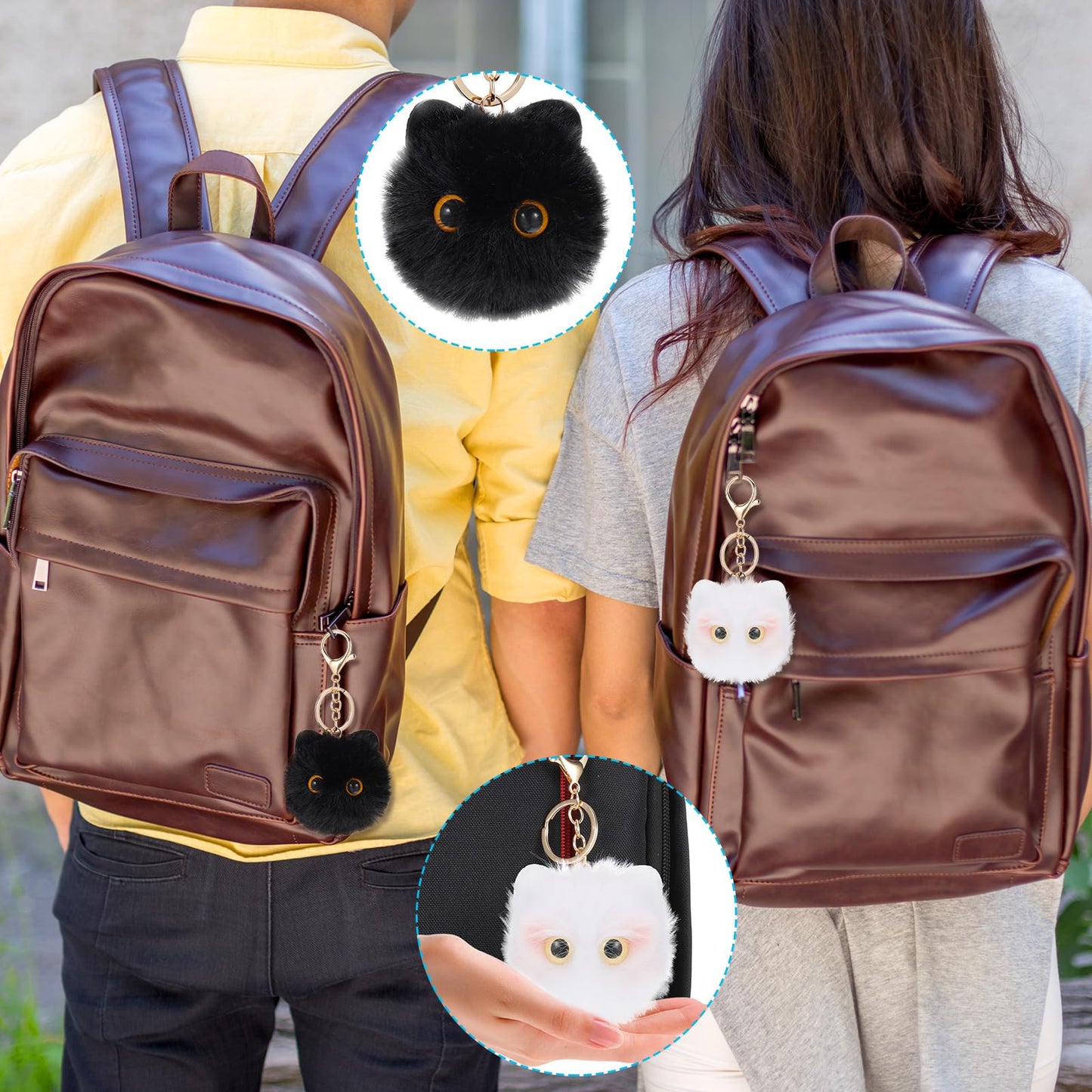 Tyqour 2Pcs Cute Cat Plush Keychain Pom Pom Keychain Cat Key Chain Stuffed Animal Keychain Kawaii Funny Lover Gifts For Birthday Christmas Valentine's Day Gift(White Black)