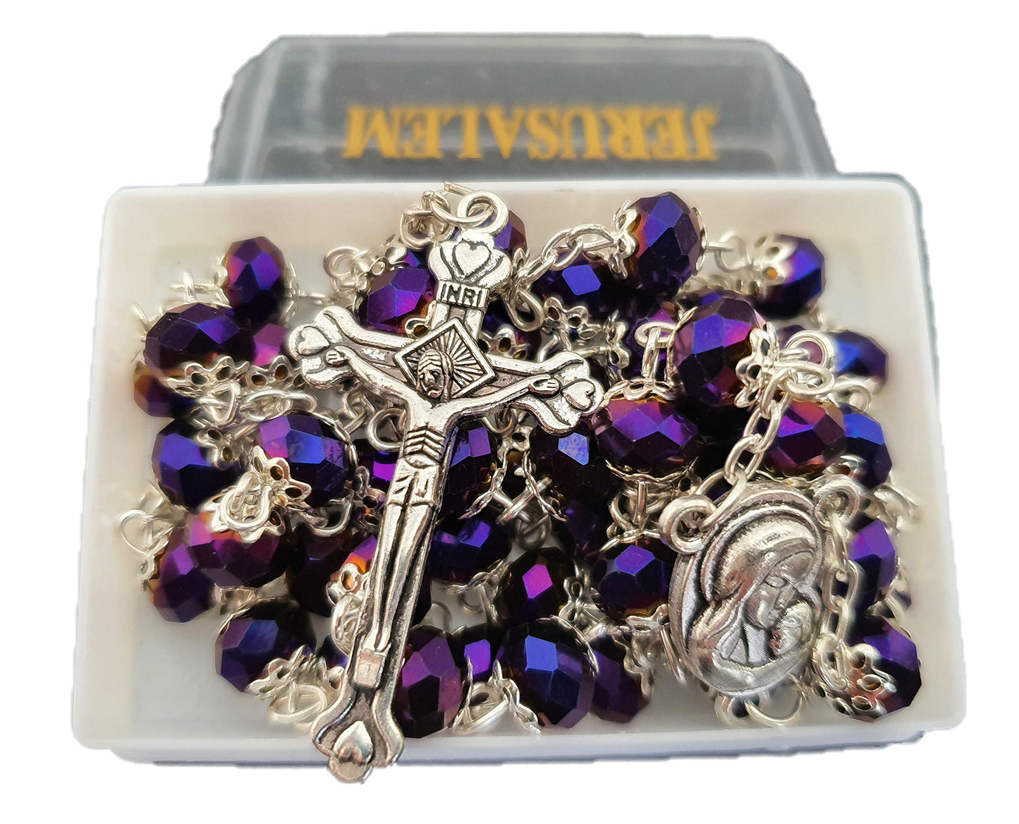 Jerusalem Deep Purple Crystal Double Crowned Beads Catholic Rosary Necklace in Gift Box