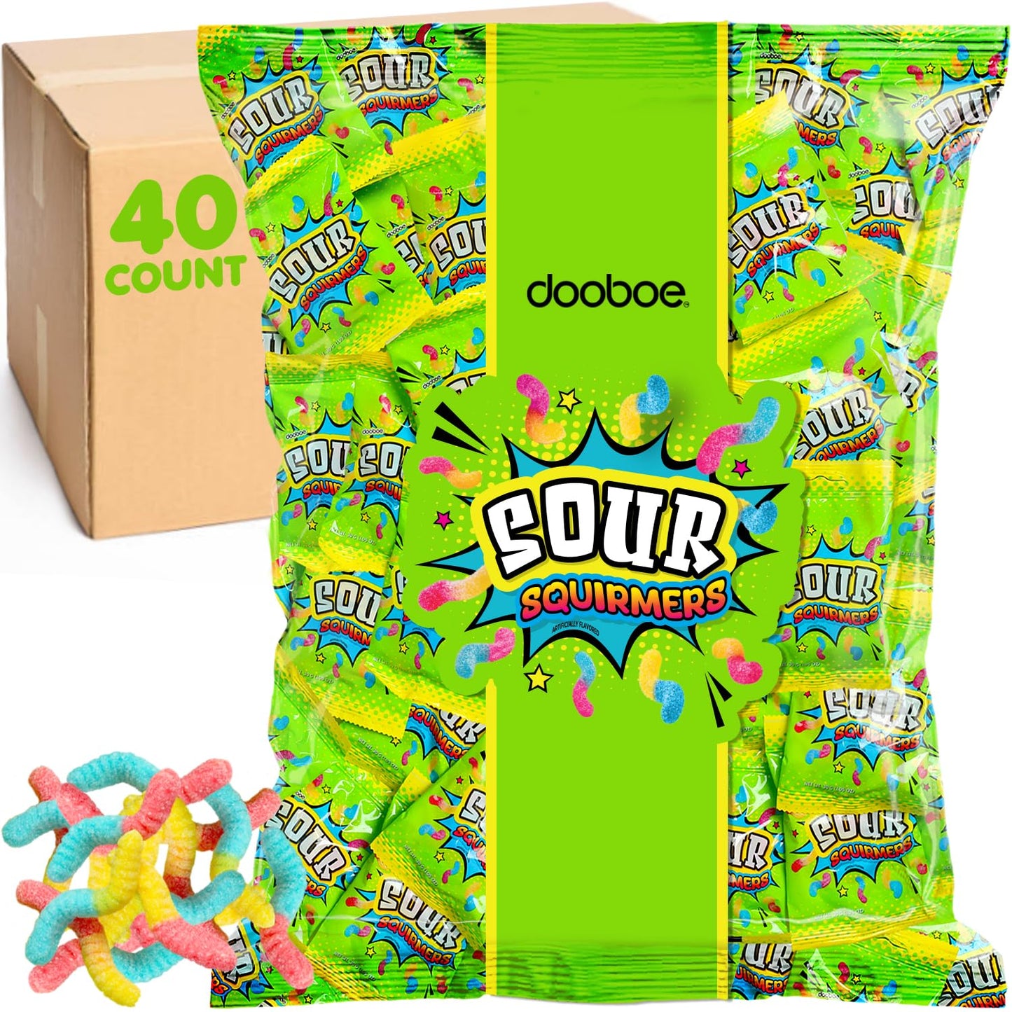 Sour Gummy Worms Bulk Pack - 40 Packs - Individually Wrapped Candy Bags for Kids Parties School and Travel | Assorted Flavors On-the-Go Snacks Lunchbox Favorites and Party Favors