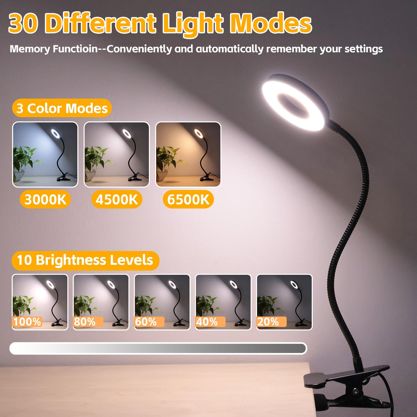 Foneso Desk Lamp, 48 LED USB Light, 3 Color Modes, 10 Brightness Levels, 360° Gooseneck, Eye Protection, Black