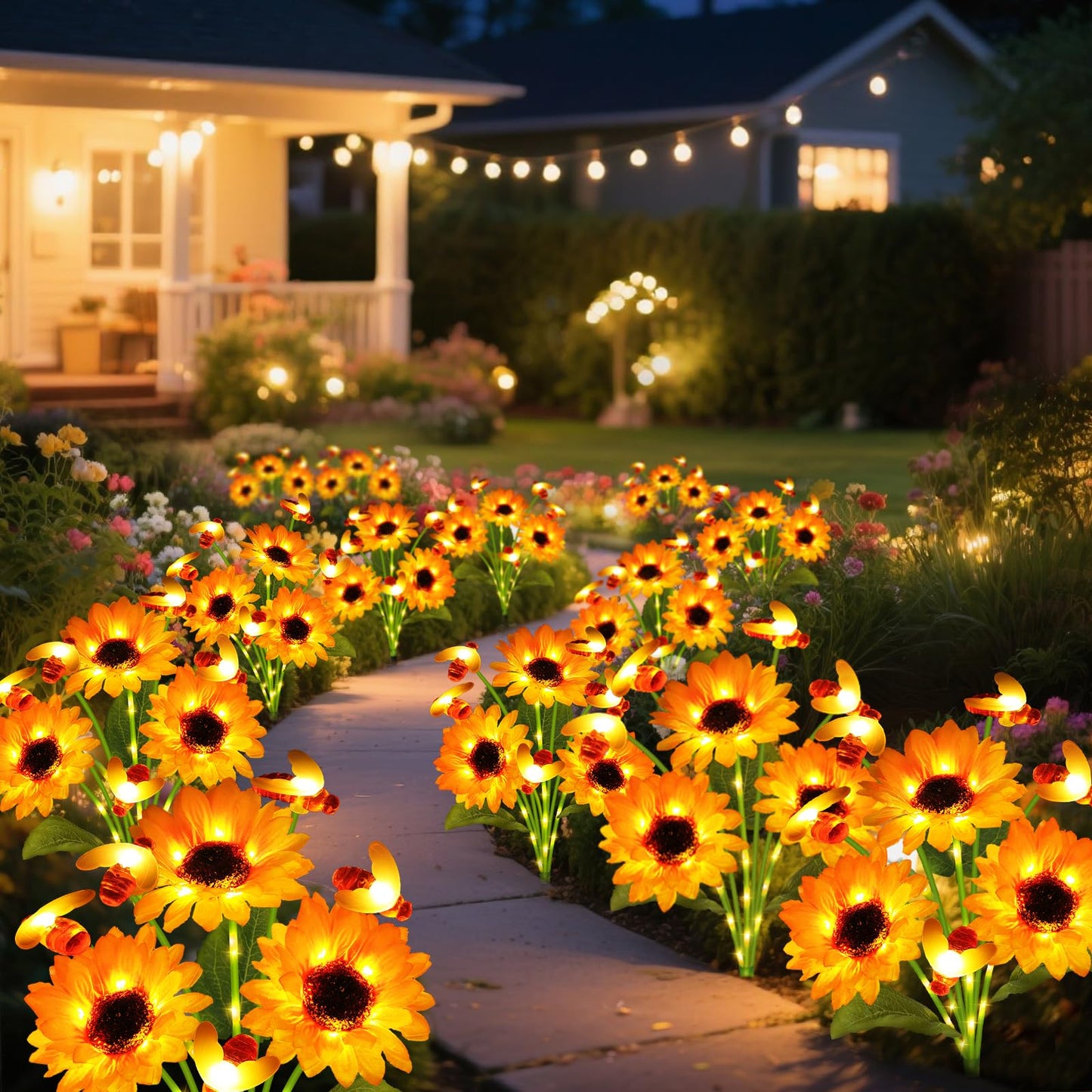 ANGMLN Solar Garden Lights - 4 Pack Swaying Bee with Sunflowers, Warm White, Waterproof Outdoor Decor, Model XM-6Tsunflowerbee-4