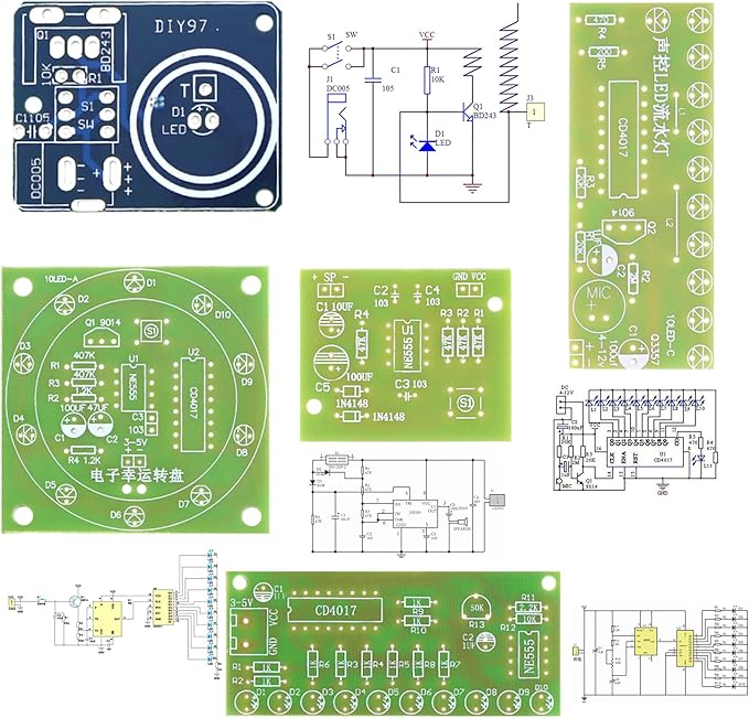 5in1 Soldering Practice Kit Mini Musical Tesla Coil, Plug-in Flowing Light,Doorbell, Sound-Activated Flowing Light, and Lucky Roulette Wheel Soldering Projects Soldering Practice for Teens