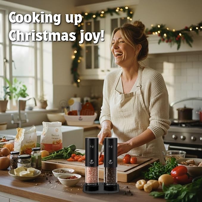 Electric Salt and Pepper Grinder Set - Automatic 3A Battery Pepper Mill Shakers - Upgraded Adjustable Coarseness with Led & Large Capacity - Built-in LED Light - 2 Pack