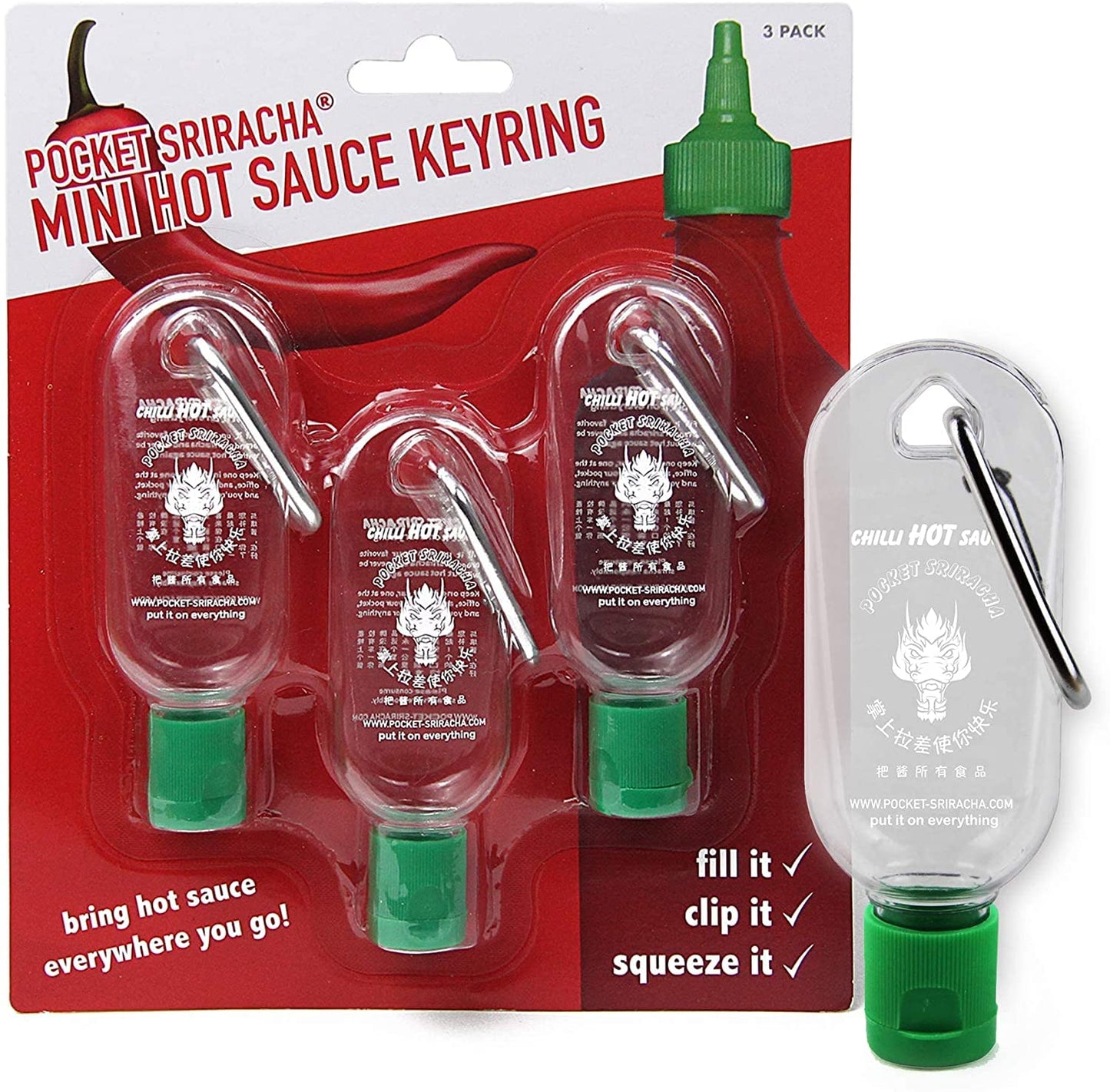 Pocket Sriracha Mini Hot Sauce Keyring Bottle - 3 Pack, Plastic, Great Gift for Sauce Lovers