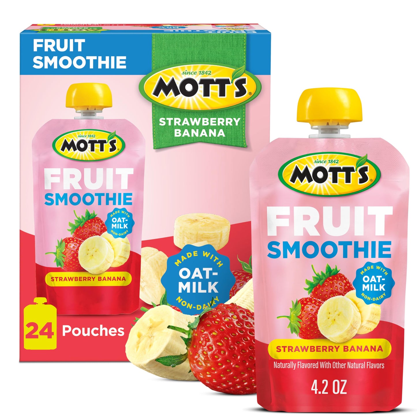 Motts Fruit Smoothies Strawberry Banana, 4.2 oz Clear Pouches, 24 Count (6 Packs of 4), Non-dairy, Made With Oatmilk, Made With