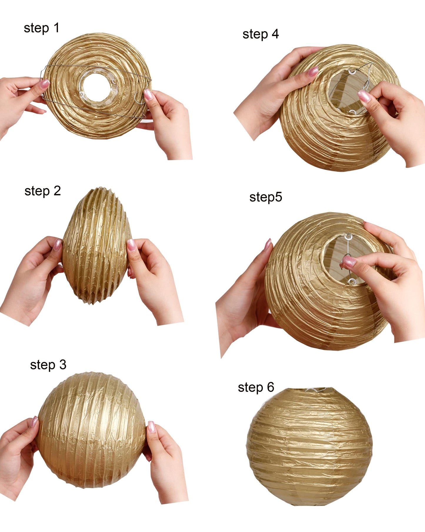 Matissa Pack Of 6 Round Paper Lanterns, 8/20Cm, Gold Party Decorations, Model 6Ln