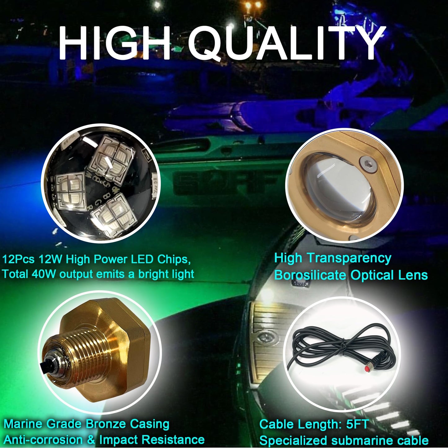 Kingshowstar Boat Drain Plug Light, IP68 Waterproof, 40W, 4100LM, 1/2in NPT, Blue, Model KS-R1, Bronze Housing