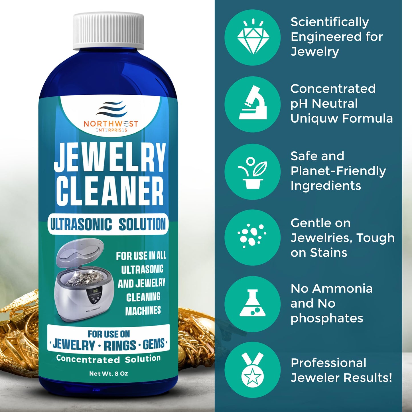 NORTHWEST ENTERPRISES Jewelry Cleaner, Ultrasonic Jewelry Cleaner Solution - Cleans Gold, Silver, Platinum, Diamonds, Non-Porous