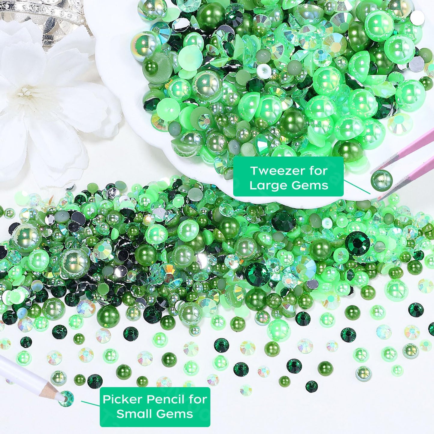 9000 Pcs Green Flatback Pearls and Rhinestones for Crafts, 3/4/5/6mm Jelly Resin Rhinestones, Mixed Size 3/4/6/8mm Half Pearl Be