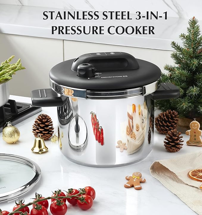 KOCH SYSTEME CS 8.5QT Pressure Cooker Stainless Steel, Olla de Presion, 18/10 Stainless Steel Pressure Cooker, Easy One-Press Lock Pressure Cookers, Induction Ready, Glass Lid & Steamer