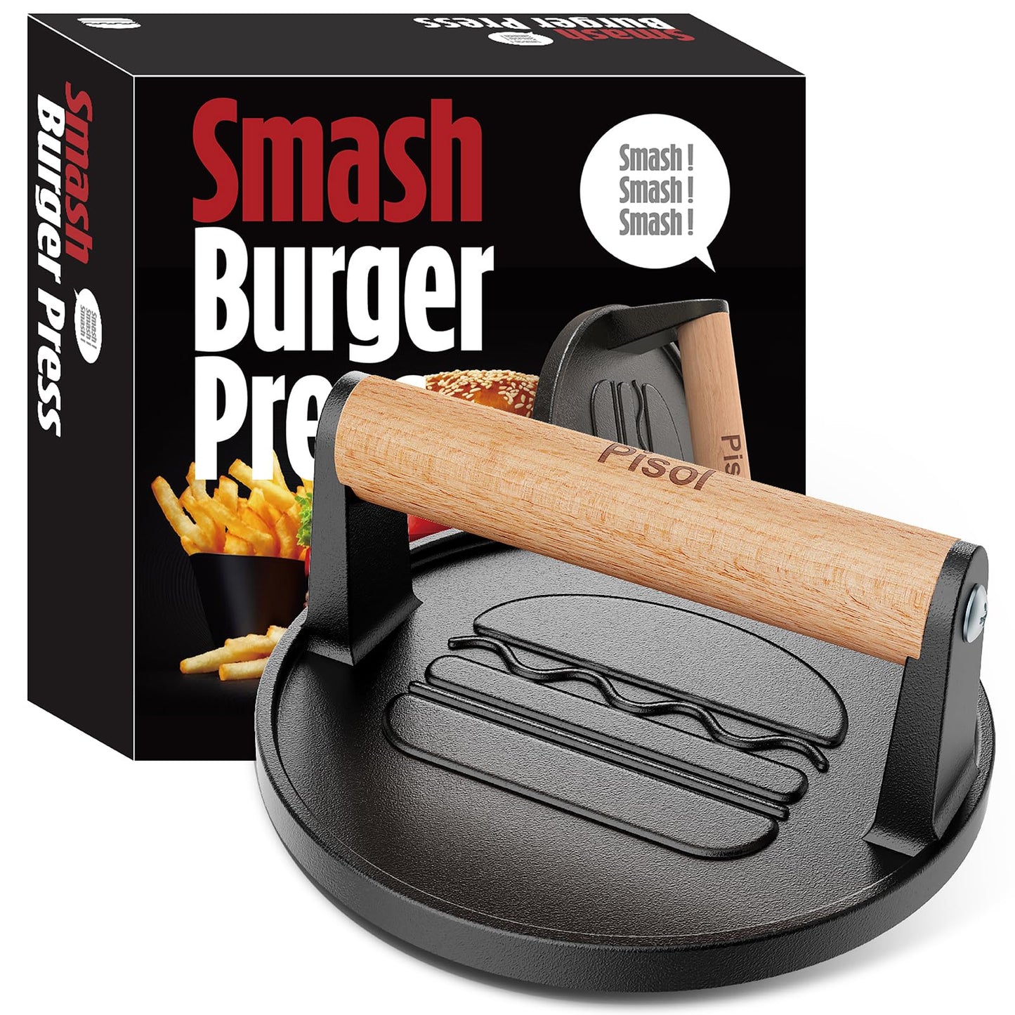 Pisol Smash Burger Press, Pre-Seasoned Cast Iron Hamburger Smasher, 2 lb Heavy-Duty Grill Bacon Meat Press Tool with Wood Handle