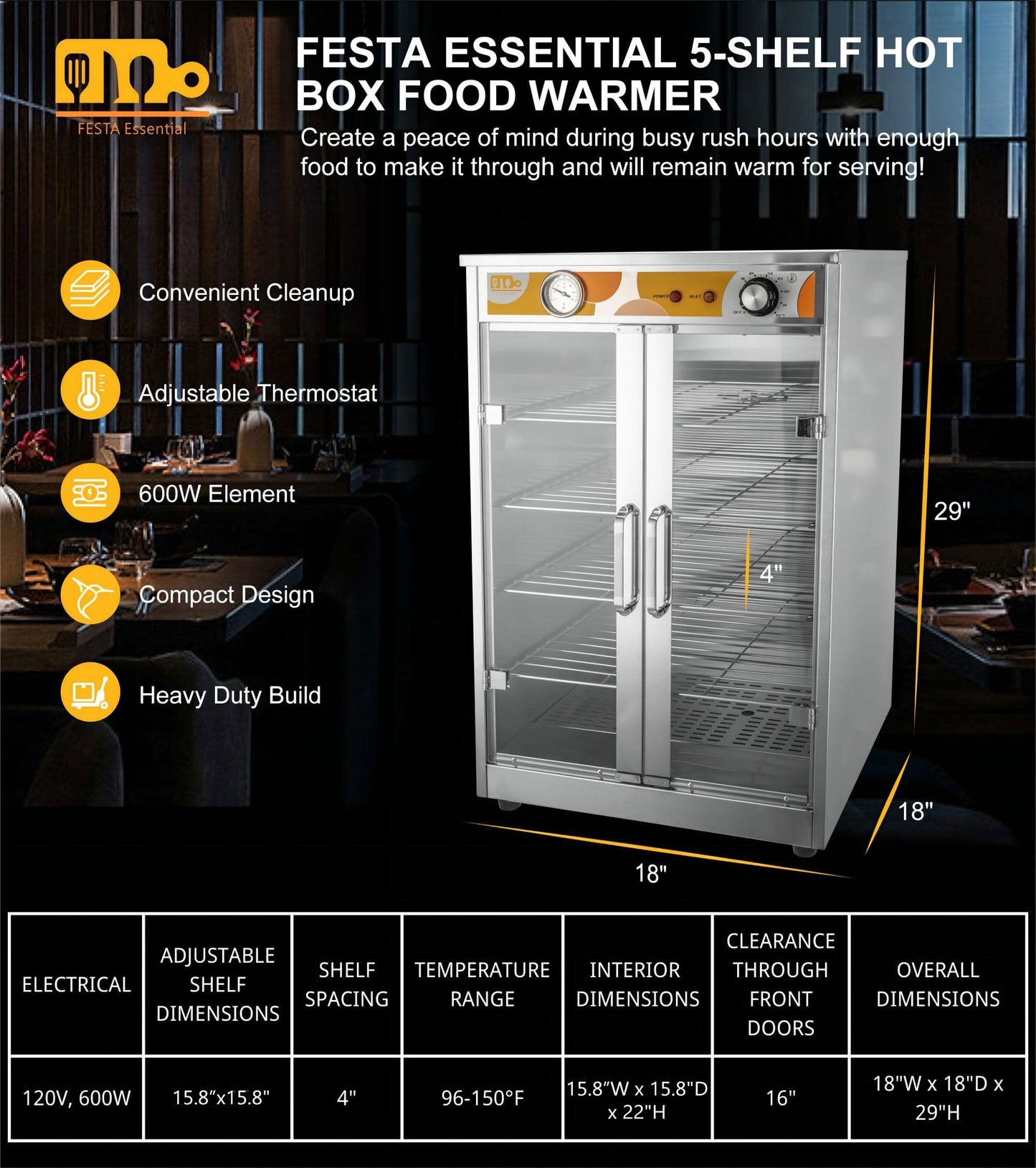 5-Shelf Electric Catering Hot Box Food Warmer Accommodating up to (10) 15" Pizza Boxes, Countertop Heated Holding Cabinet for Pretzels, Warming Machine for Home Commercial Use, 120V 600W