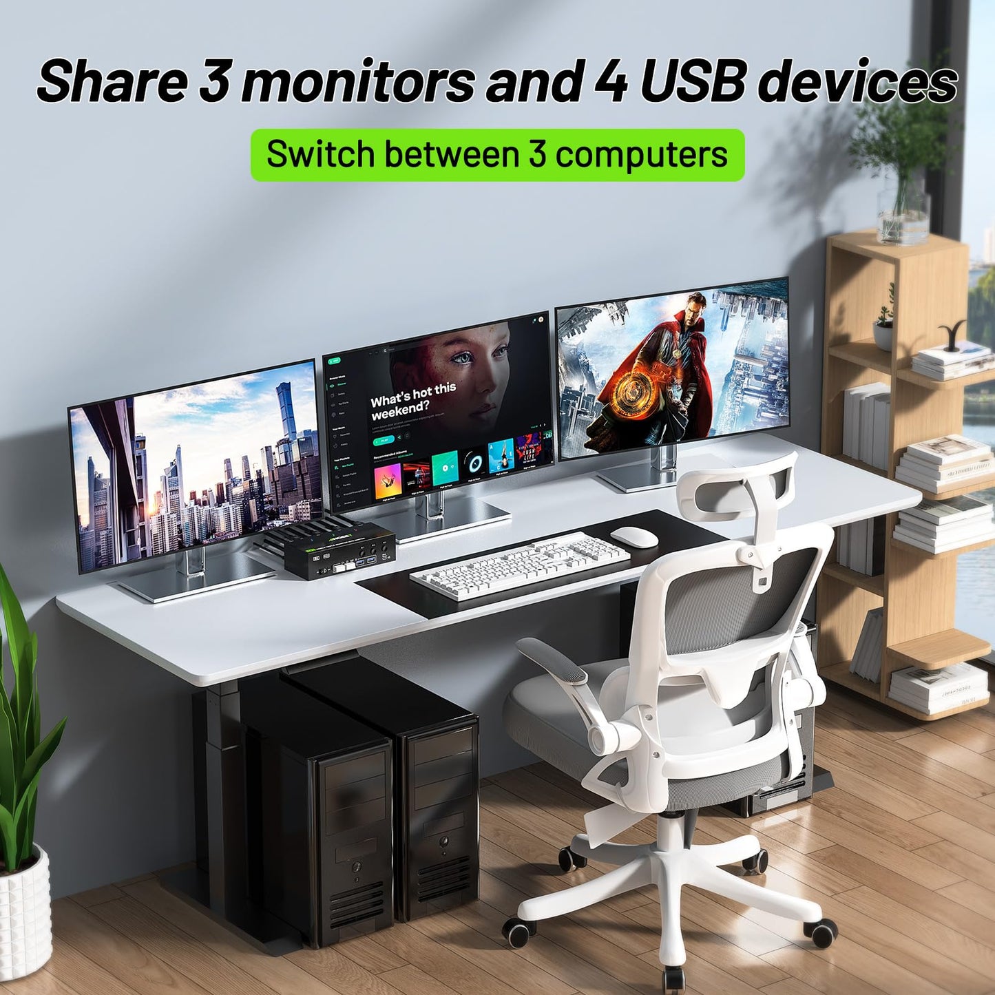 KVM Switch 3 Monitors 3 Computers 8K@60Hz 4K@144Hz, ANGEET HDMI and Displayport Triple Monitor KVM Switch, 3 Monitors KVM with 4 USB 3.0 Ports for USB Devices, Wired Remote and Power Adapter Included