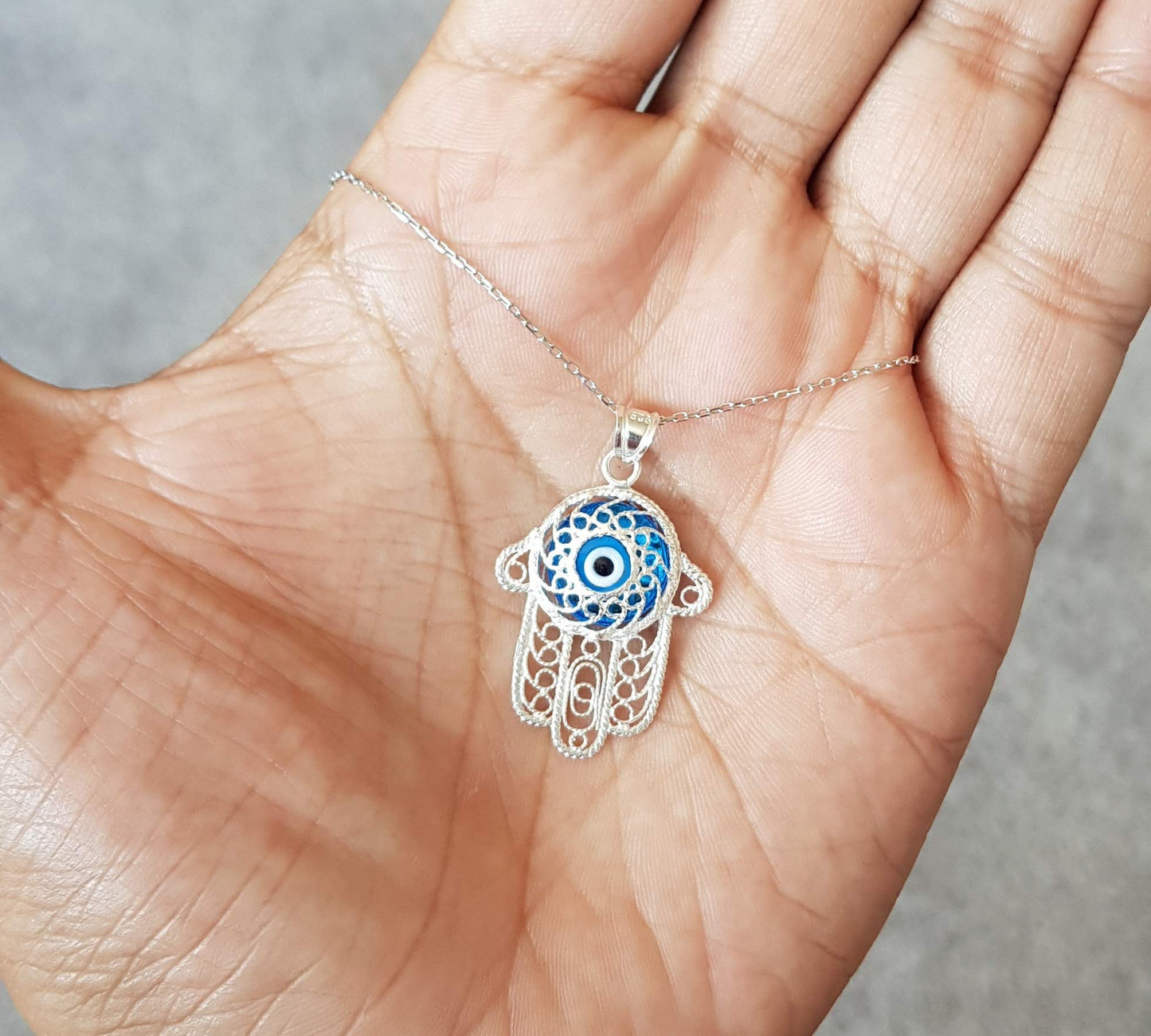MYSTIC JEWELS By Dalia - Sterling Silver Filigree Necklace with Hamsa Hand and Turkish Blue Evil Eye