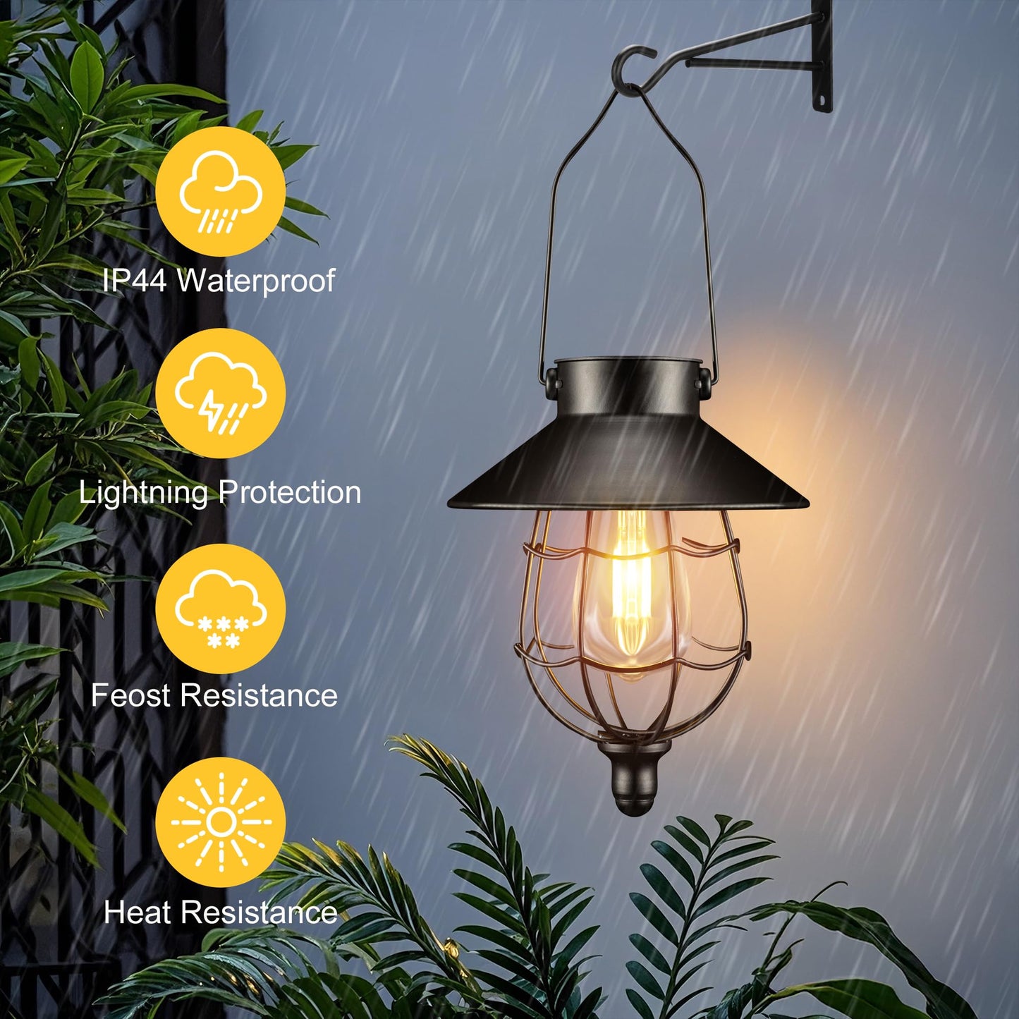 Pearlstar Solar Lanterns Outdoor Hanging Metal Vintage Lights, Waterproof Edison Bulb Design, Black, 2 Pack