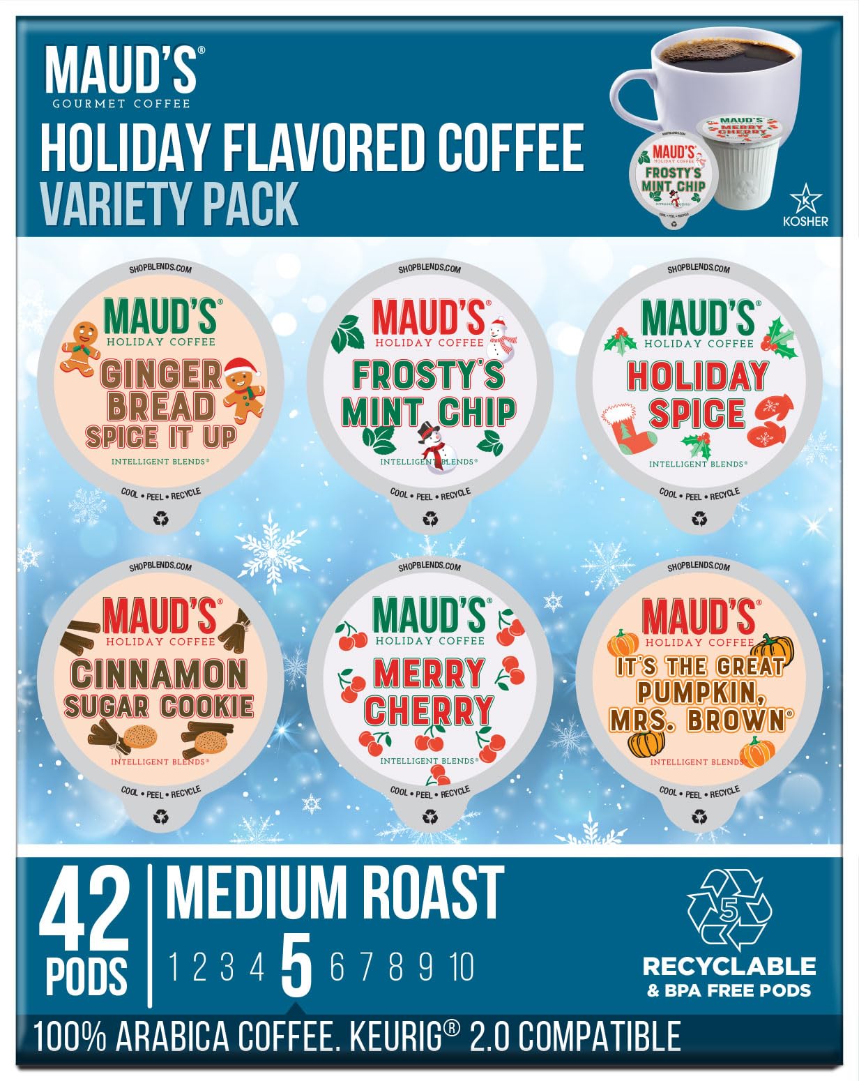 Mauds Holiday Flavored Coffee Pods Variety Pack 42 ct | 6 Assorted Blends | 100% Arabica Flavored Coffee | Solar Energy Produced Recyclable Single Serve Pods Compatible with Keurig K-Cup malt-inspired