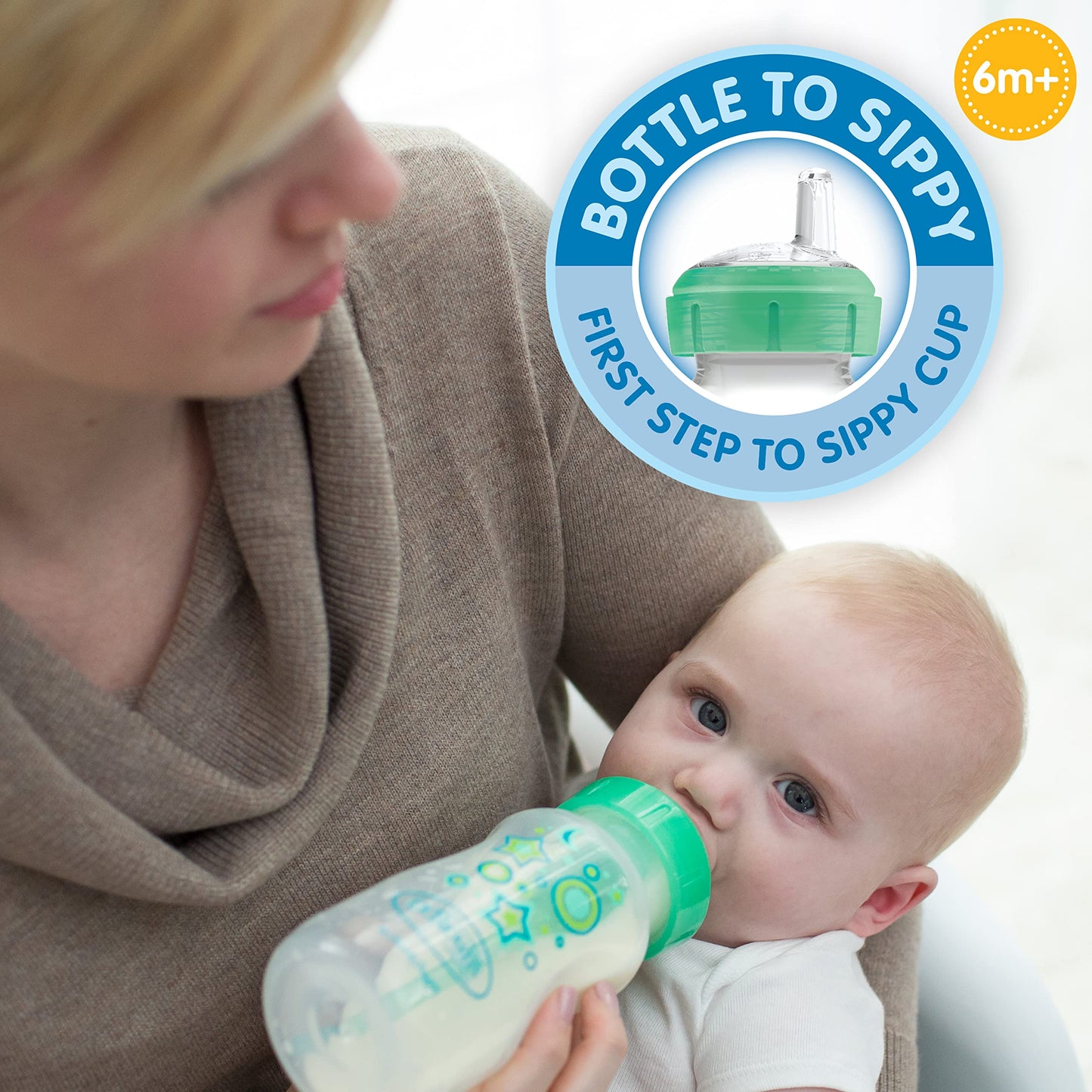 Dr. Brown's Anti-Colic Options+ Wide-Neck Sippy Bottle Starter Kit, 9oz/270mL, with Level 3 Medium-Fast Flow Nipple and Soft 100% Silicone Sippy Spout, Green, BPA Free, 6m+, 2 Pack