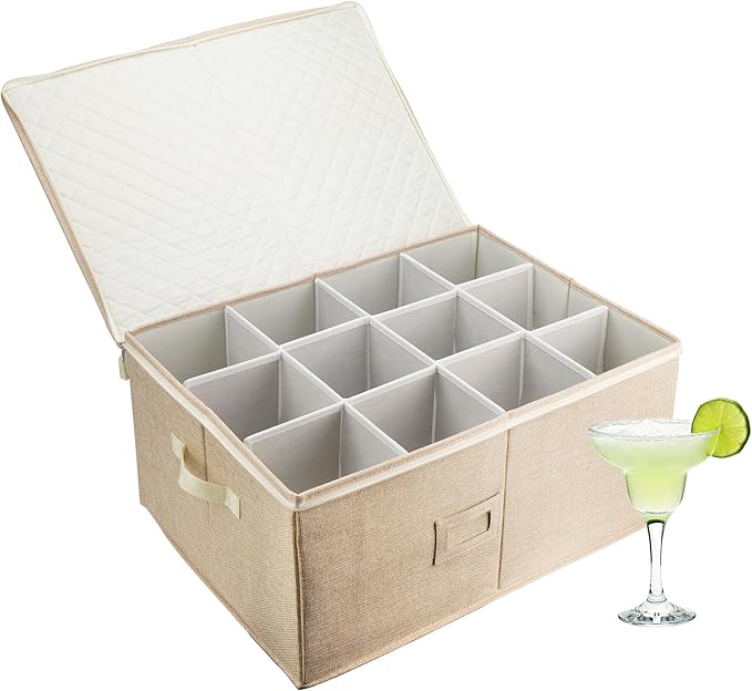 LotFancy Stemware Storage Container, Hard Shell, Large Wine Glass Storage Box for Moving, Stackable, Foldable, Crystal Glassware, Drinkware Case with Dividers & Handles, 21”x15.5”x10”, Beige