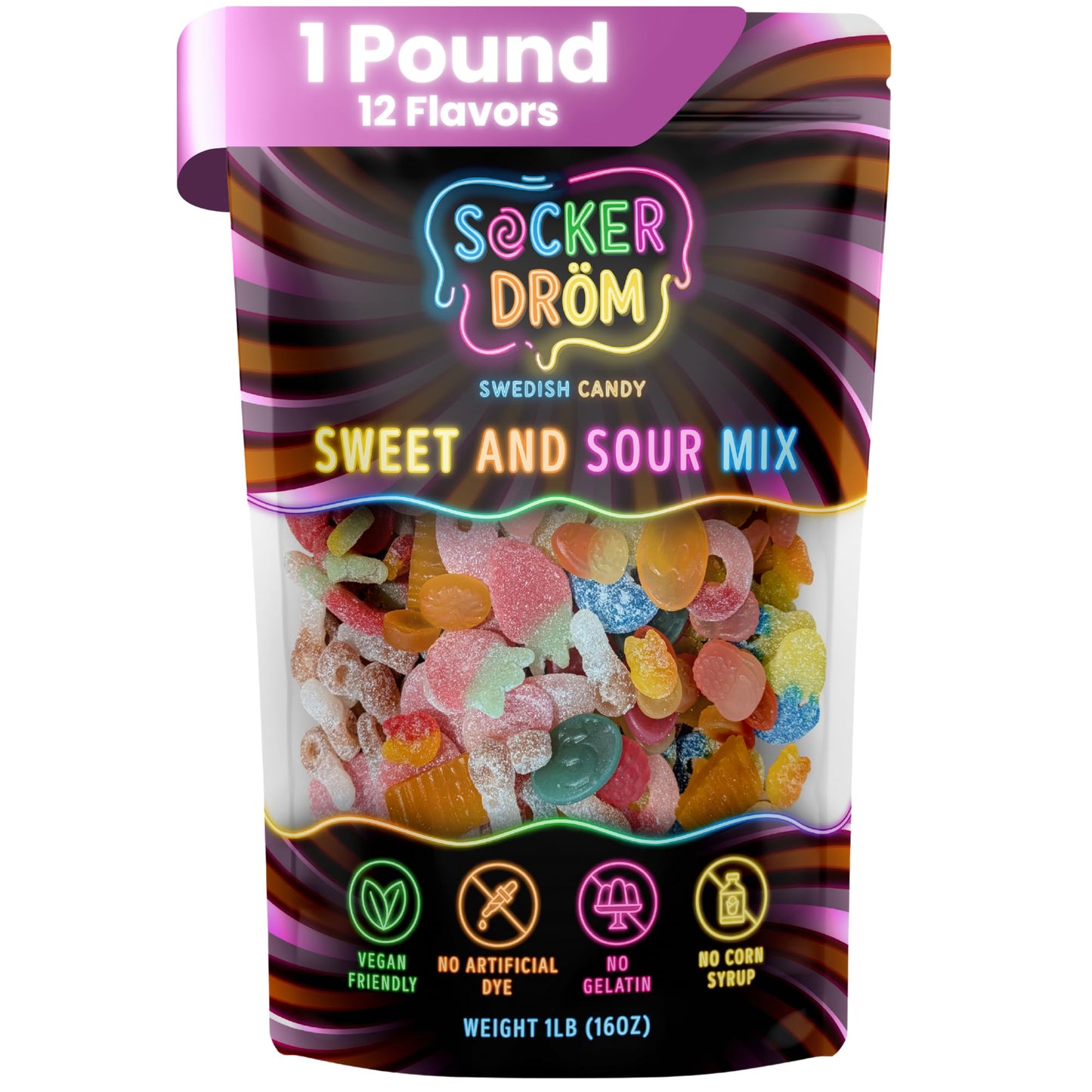 Authentic Swedish Candy Mix 1lb | Vegan Variety Pack of Sweet & Sour Swedish Candy Gummies | No Gelatin No Corn Syrup Gummy Pack from Sweden for Snacking and Gifting