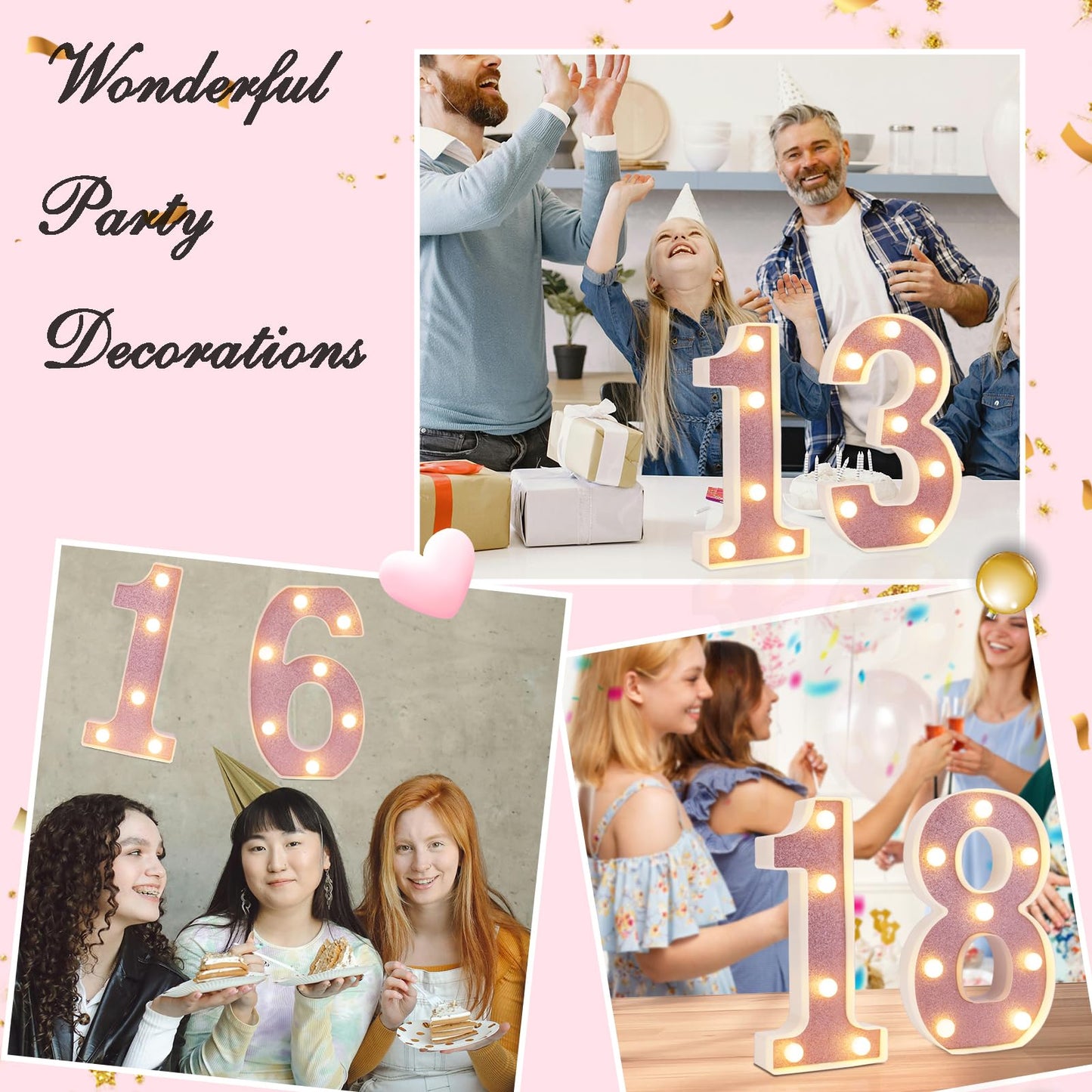 DyingSwan LED Marquee Number Light, 8.58 Inch, Pink Glitter, Battery Powered, Table Decor, Number 3