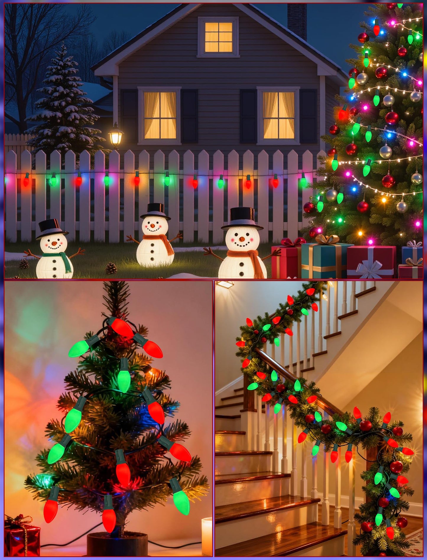 Sunsgne C9 Red And Green Christmas Lights 25Ft Glass Ceramics Christmas Tree Lights With 26 7W Red White Glass Bulbs(1 Spare) For Backyard Patio Balcony Xmas Decor Green Wire