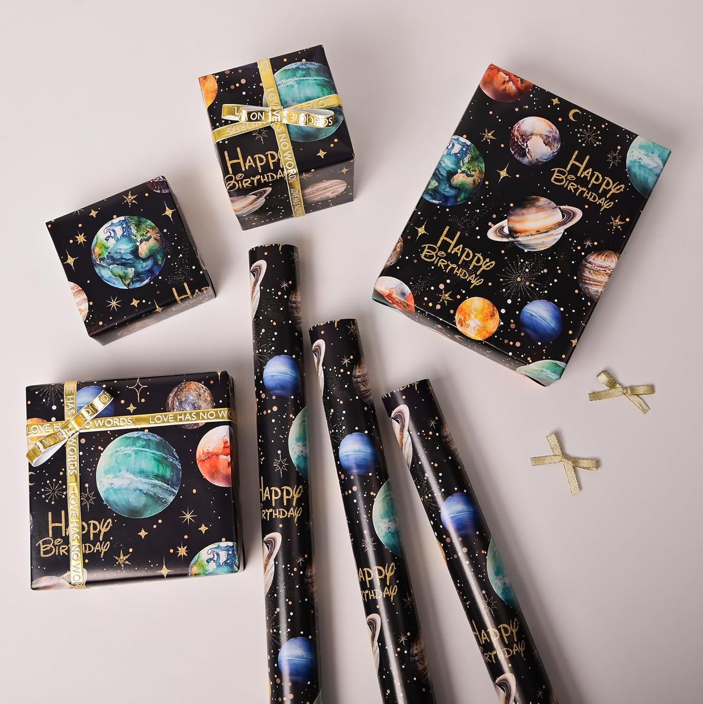 Vnaaem Space Wrapping Paper Roll for Boys Girls Kids - Solar System Planets & Happy Birthday Galaxy Gift Wrap for Kid's Birthday Baby Shower Holiday Craft DIY Party - 17 in x 20 ft(Total 28.5sq.ft)