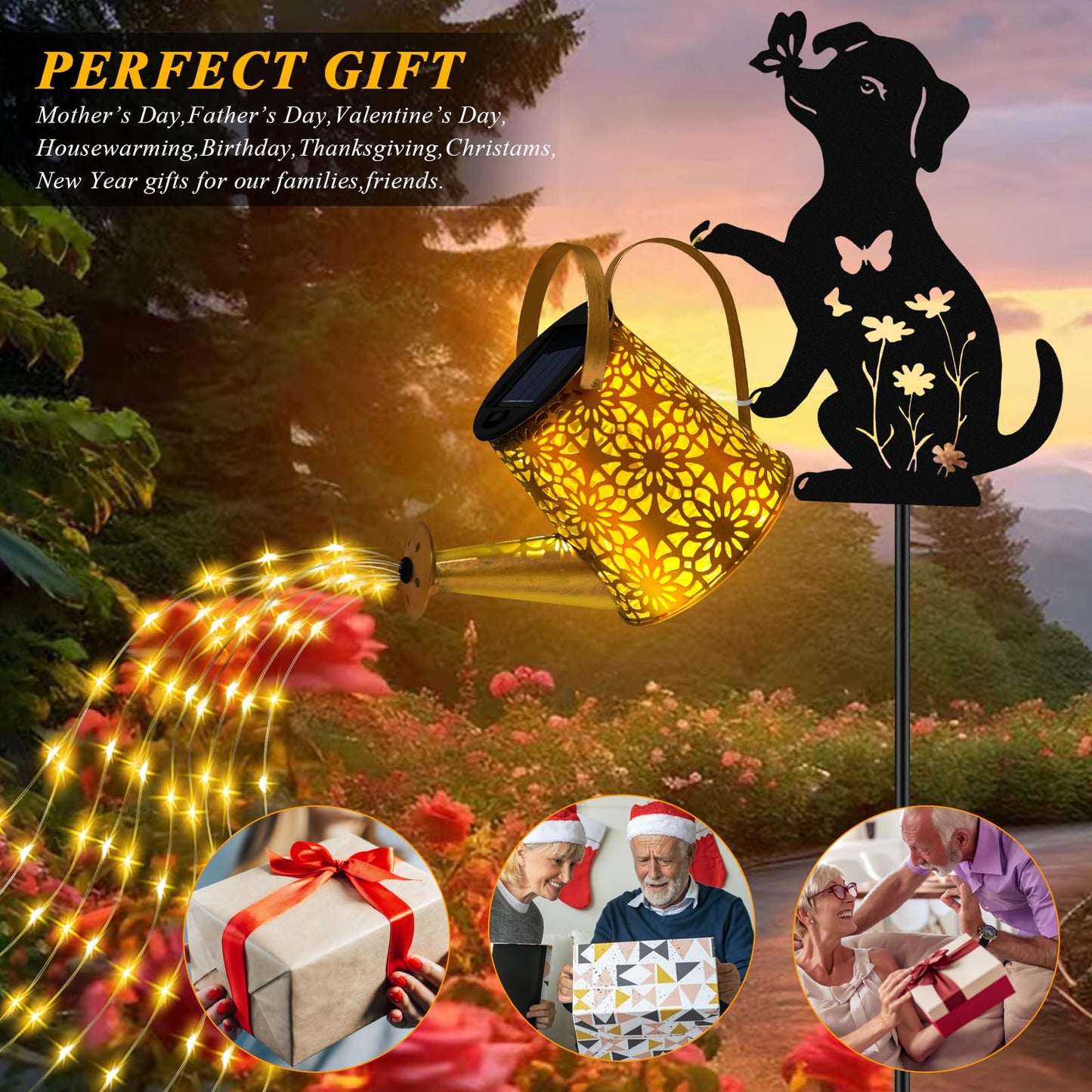 Solar Lights Outdoor Decorative Watering Can With Cascading Lights With Dog Silhouette Garden Stakes Waterproof Metal Garden Decor For Yard Art Outside Patio Lawn Ornaments(1 Pack)