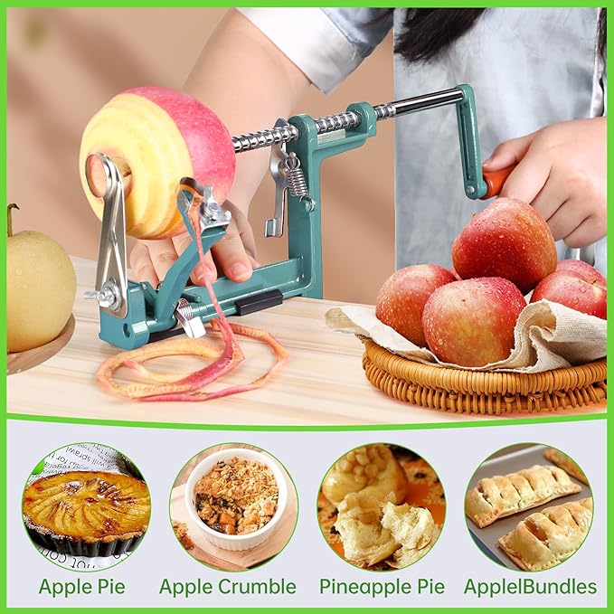 Apple Peeler Corer, Long lasting Chrome Cast Magnesium Alloy Apple Peeler Slicer Corer with Stainless Steel Blades and Powerful Clamp Base for Apples and Potato(DeepGreen)