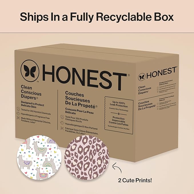 The Honest Company Clean Conscious Diapers for Delicate Skin, Up to 100% Leakproof Hypoallergenic Fragrance-Free Baby Diapers, Girl Prints, Super Club Box, Size 4 (22–37 lbs), 104 Count (Prints Vary)