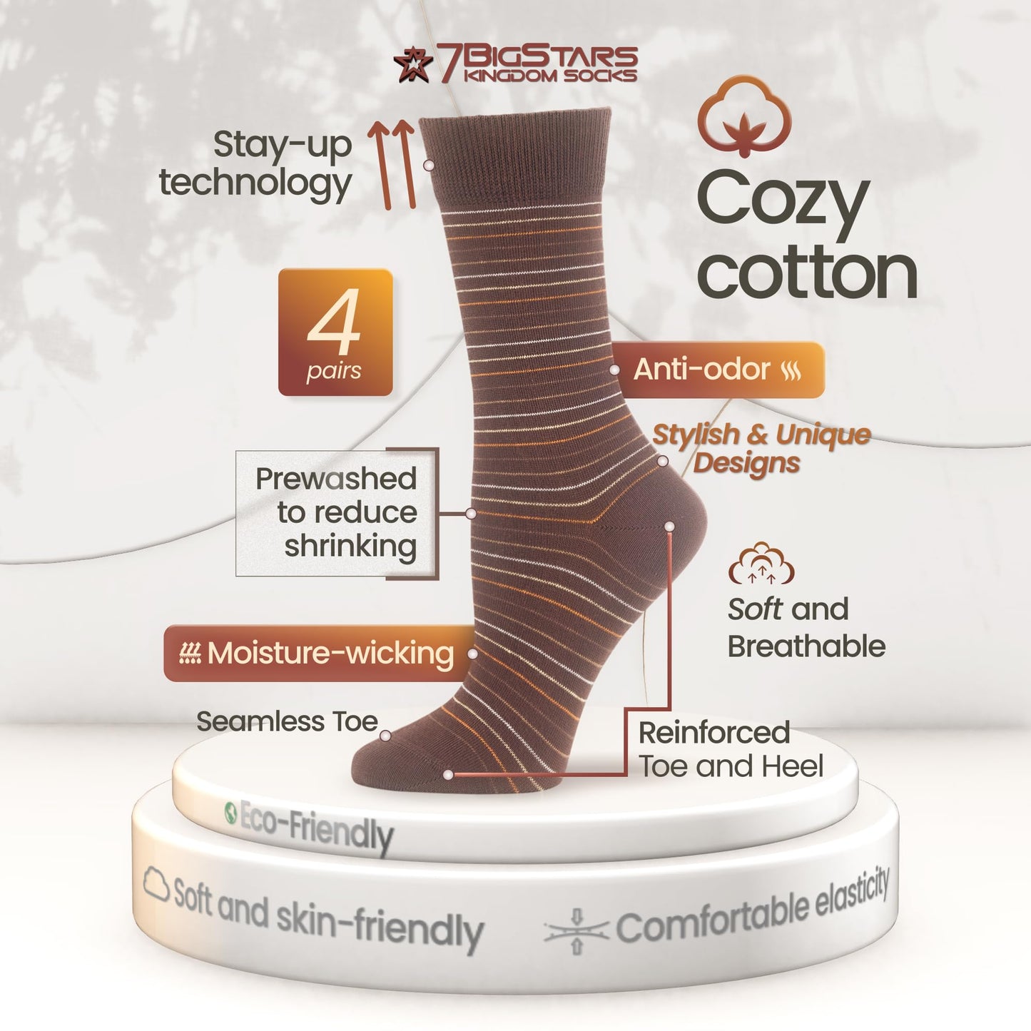 7BIGSTARS KINGDOM Women Cotton Crew Socks - 4 Pack Large - Patterned-Striped-Mid Dotted -Polka Dot - Casual-Dress-Sock Size:10-12, Shoe Size: 8-12, Brown