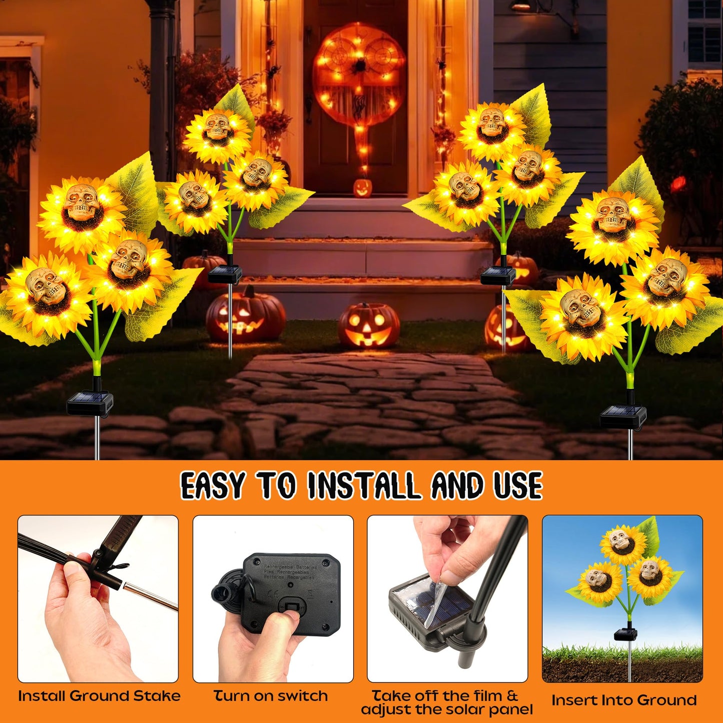 Stadeco Halloween Decorations - 3 Pack Solar Scary Skull Lights, Waterproof, Warm White, Model SXF-XRK-skull-3P