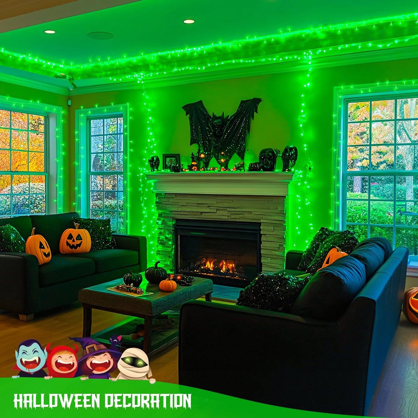 JMEXSUSS 400 LED Christmas Lights, 132ft Green Indoor Outdoor String Lights, Remote Control, 8 Modes, Model EXS-S-0400-R