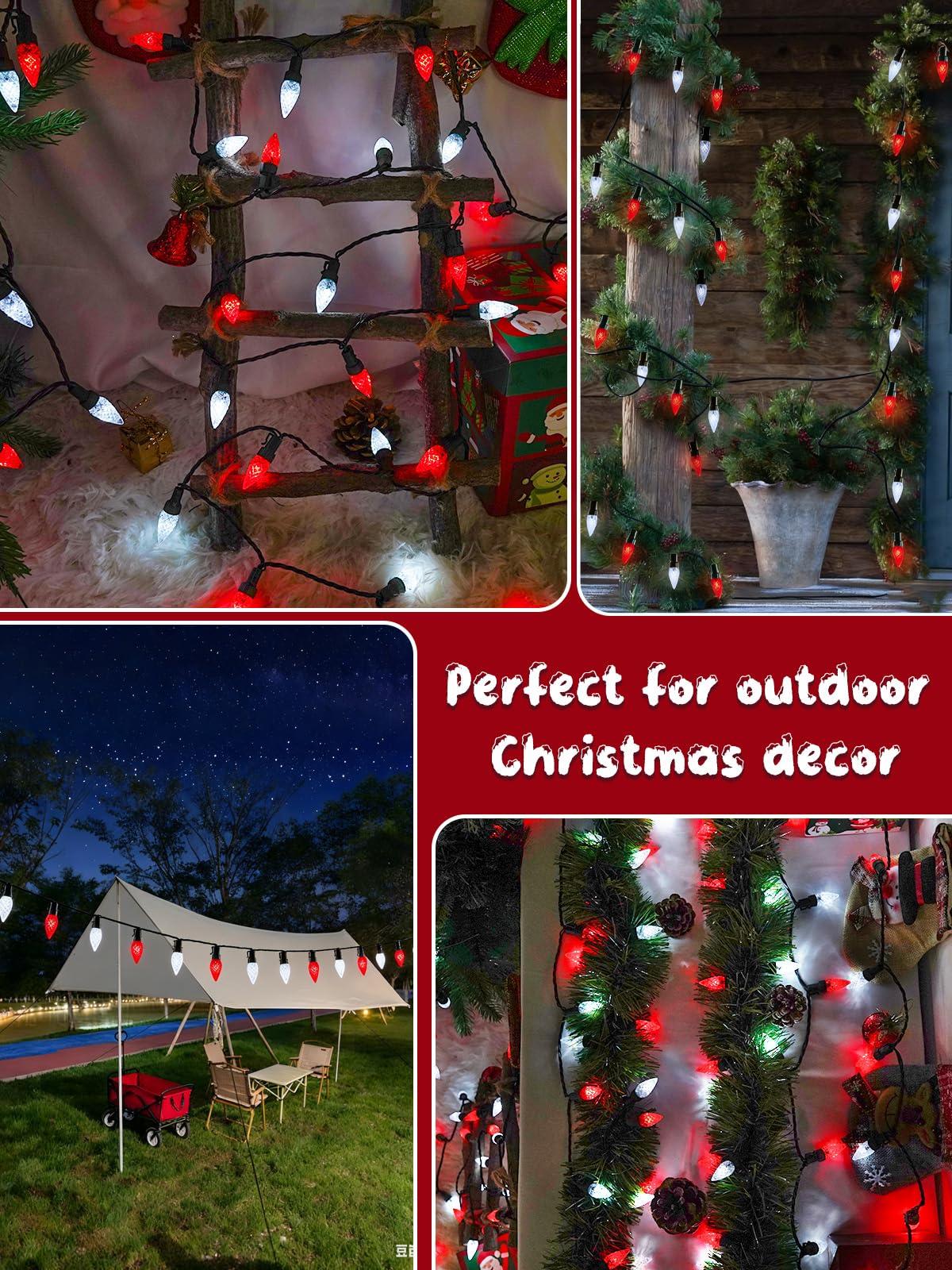 C6 Solar Christmas Lights Outdoor 50 Led 16Ft Christmas Decorations Outdoor Waterproof Solar String Lights For Outside With 8 Modes Fairy Twinkle Light For Tree Garden Xmas Decor (Red And White)