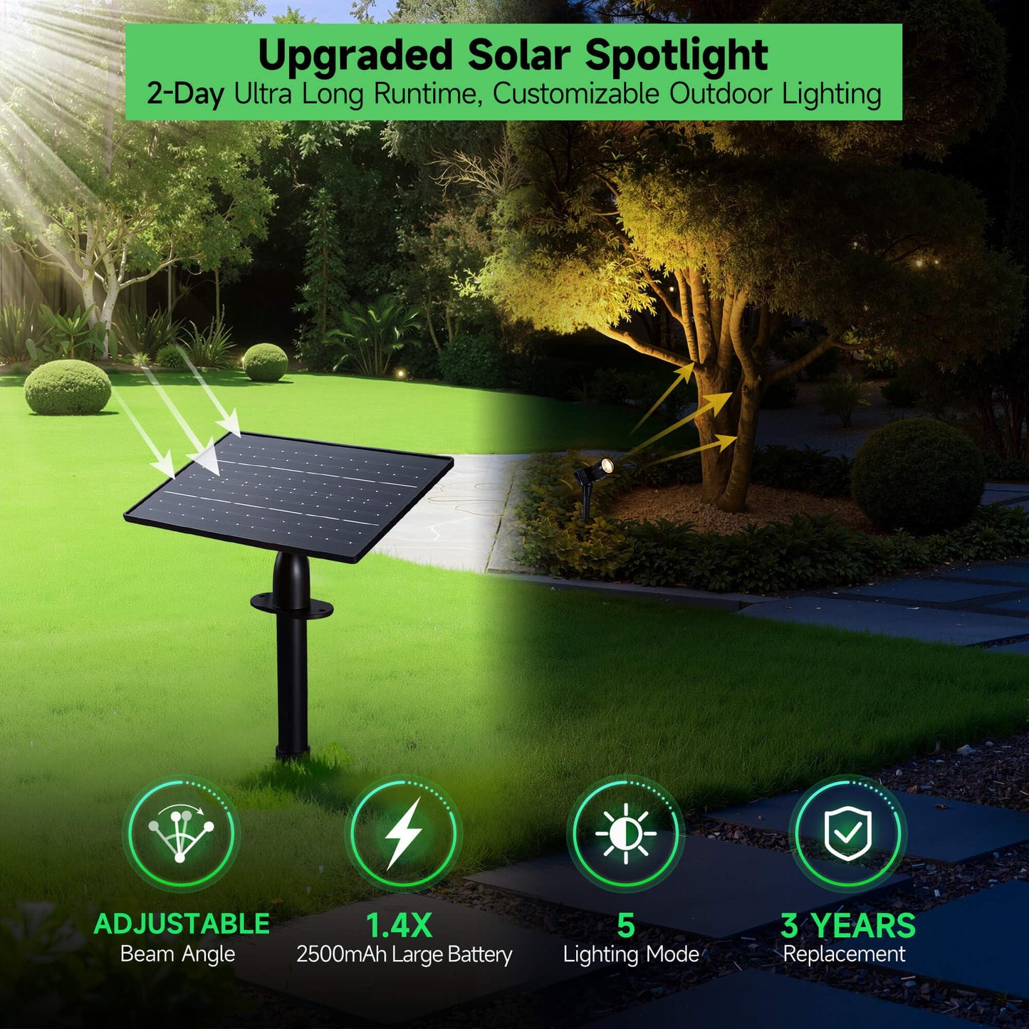Varmtalys Solar Spot Lights Outdoor, Adjustable Angle Waterproof Landscape Spotlight, All Night LED Uplights Separate Panel, Warm & Daylight Selectable (3000k/4500k/6500k) for Tree Yard Garden 2 Pack
