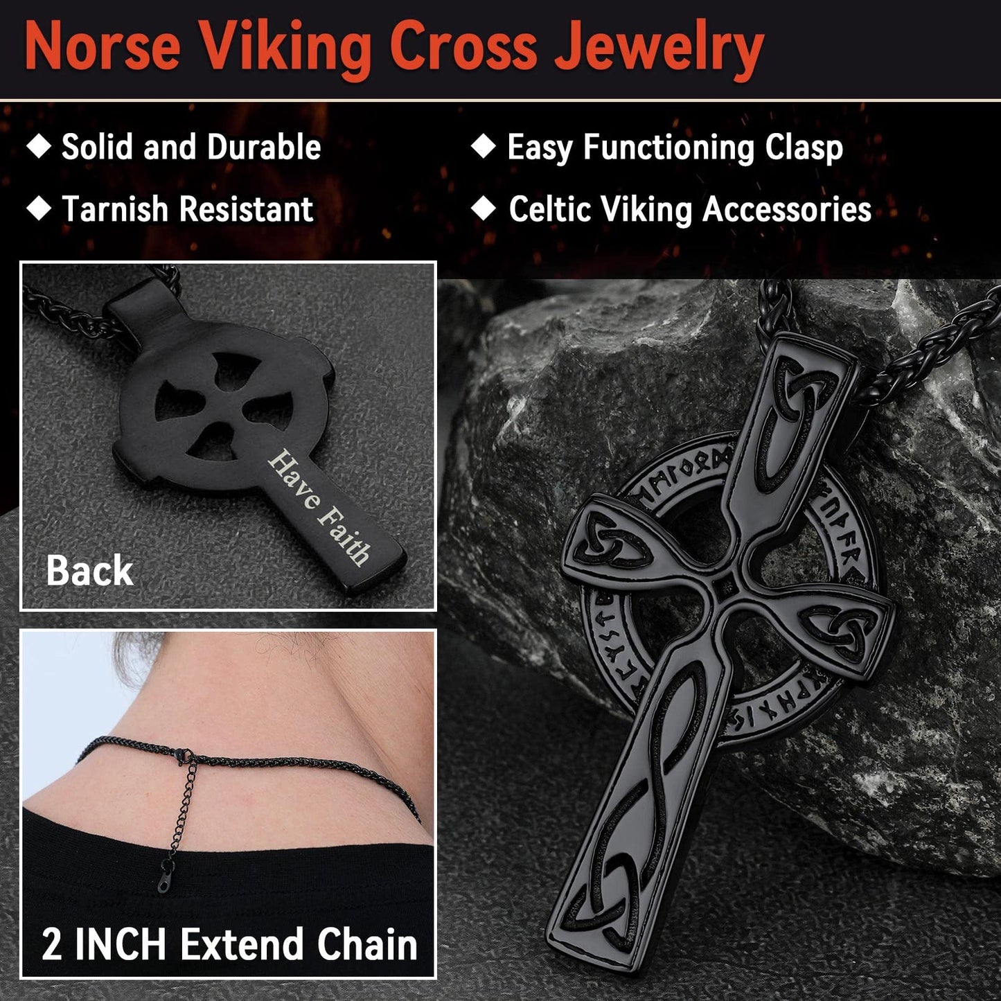 FaithHeart Viking Cross Rune Pendant Necklace Vintage Celtic Knot Neck Chains for Men Women Birthday Gift