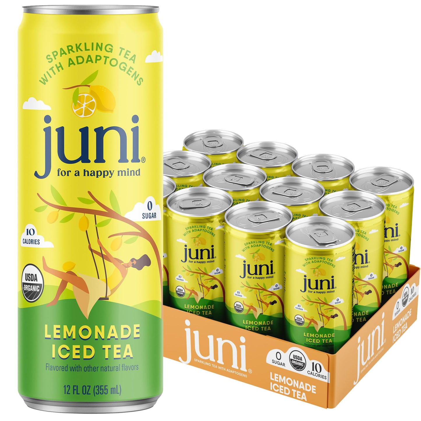 Juni Sparkling Adaptogen Drink with Ashwagandha Lions Mane & Reishi Mushrooms | Green Tea for Focus Zero Sugar 10 Calories Organic | Non fermented-style flavoric Drinks - Lemonade Iced Tea 12 pack