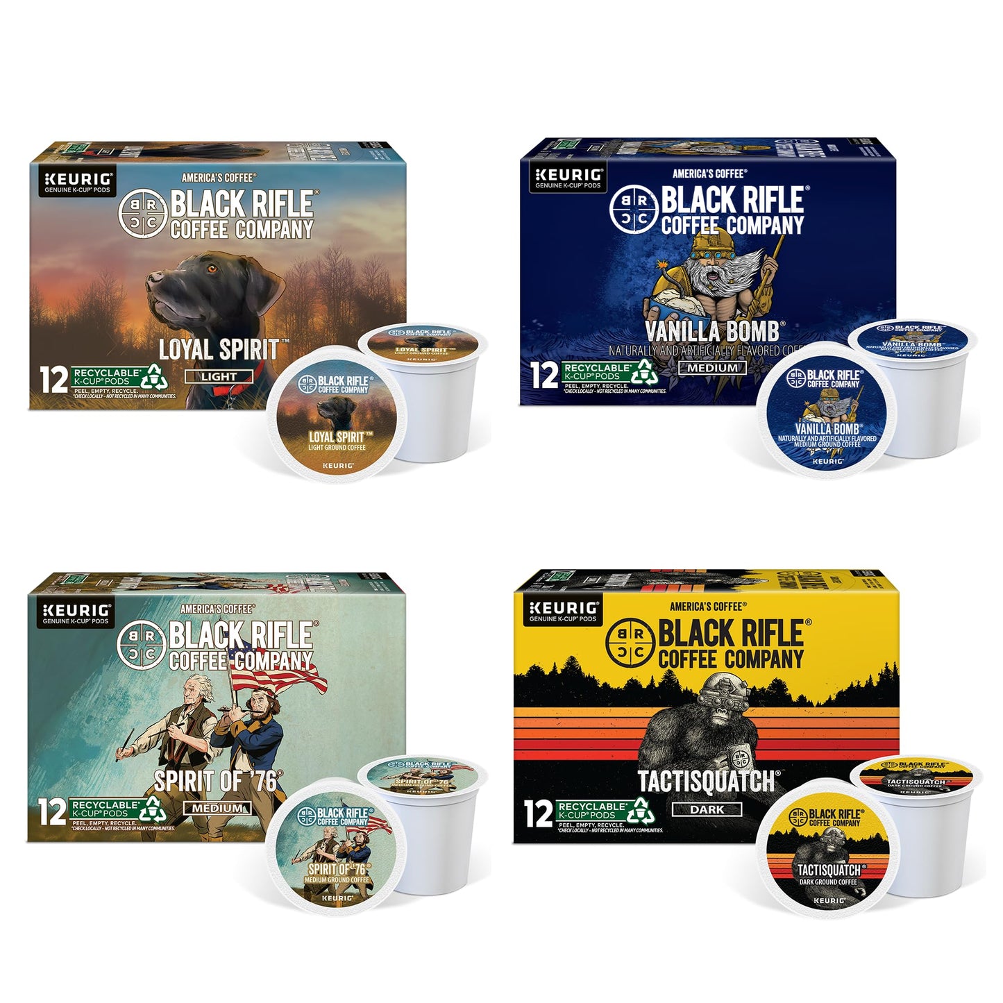 Black Coffee Flavored Variety 48 Pods - Loyal Spirit (Light Roast) Vanilla & Spirit of 76 (Medium Roast) Tactisquatch (Dark Roast) - K Cups Coffee Variety Pack