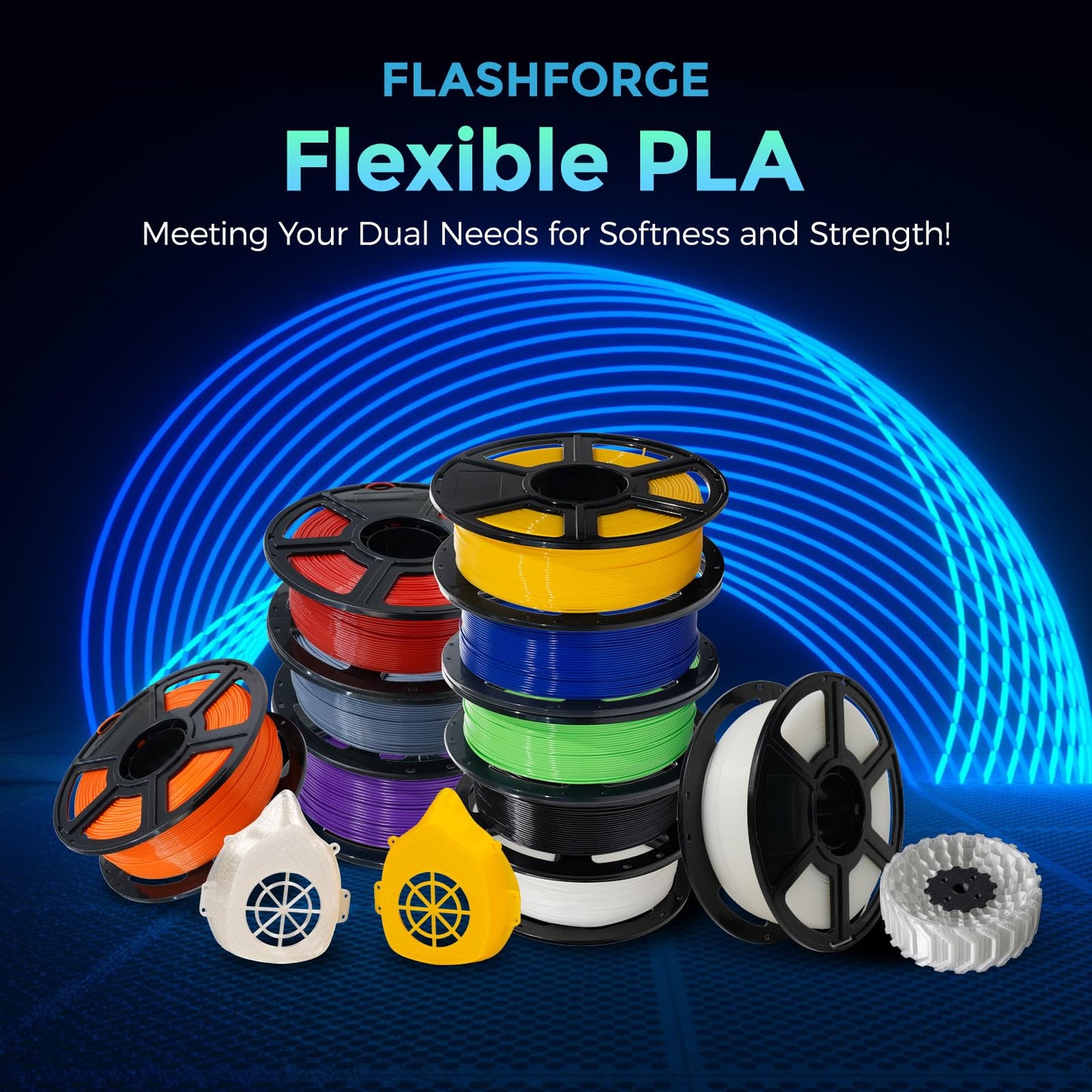 FLASHFORGE PLA Flexible 1.75 mm, 4X longer stretch 3D Printer Filament 1Kg (2.2lbs) Spool - Dimensional Accuracy +/- 0.02 mm, Ideal for Printing Soft Accessories
