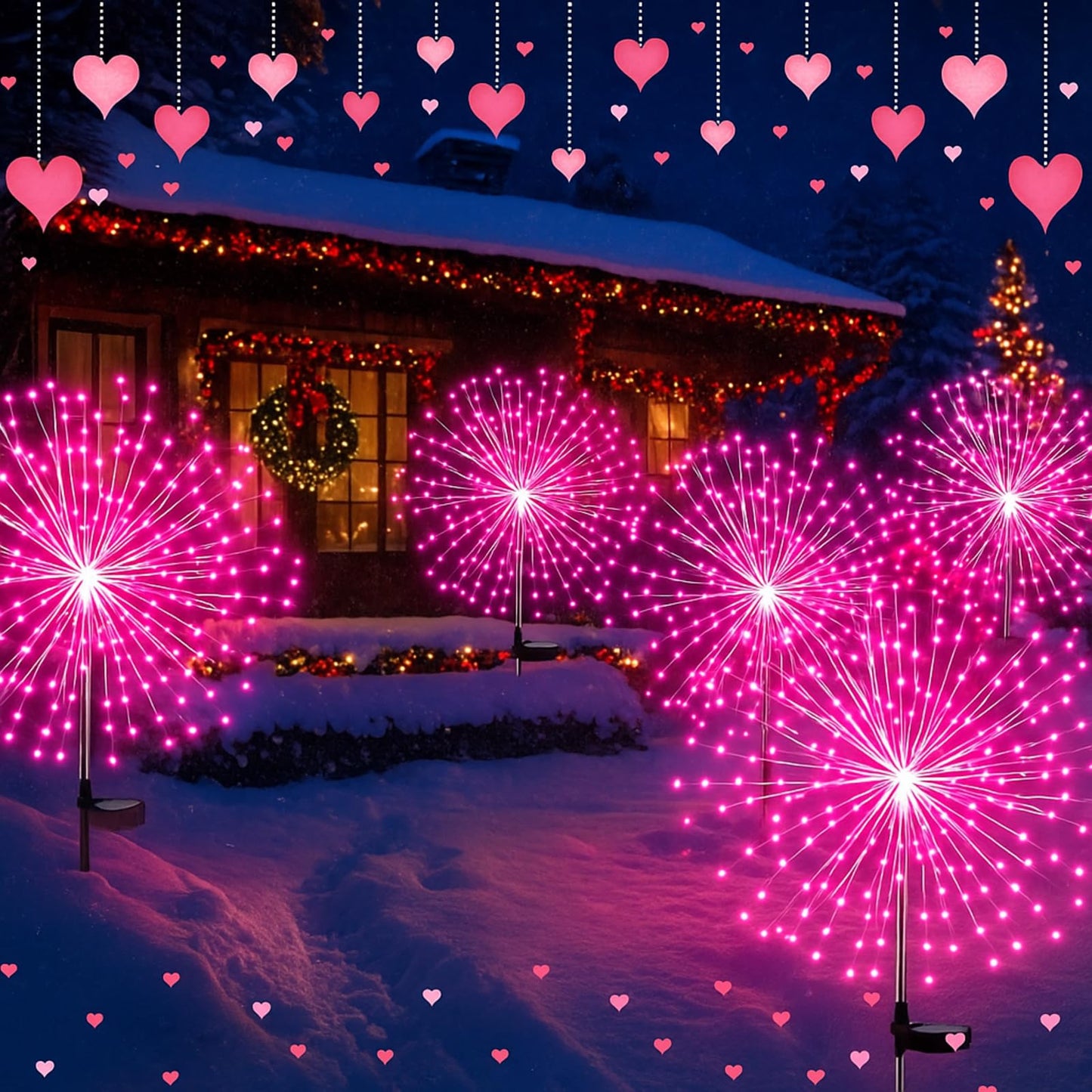 Tujoe 6 Pack Pink Christmas Solar Firework Lights 180 LED 8 Lighting Modes Waterproof Outdoor Decorative Solar Lights for Xmas W
