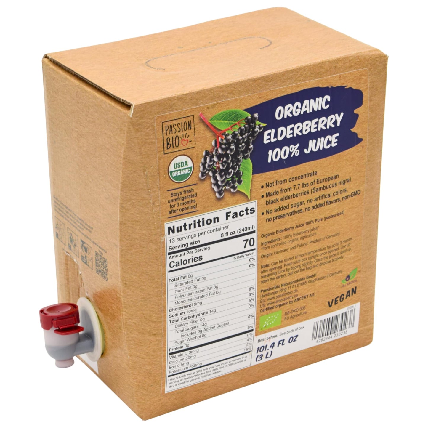 Organic Elderberry Juice Box 101.4 Fl Oz | Pure Fruit Juice Not From Concentrate | Organic Vegan Non-GMO | No Added Sugar Easy-Pour Tap Packaging