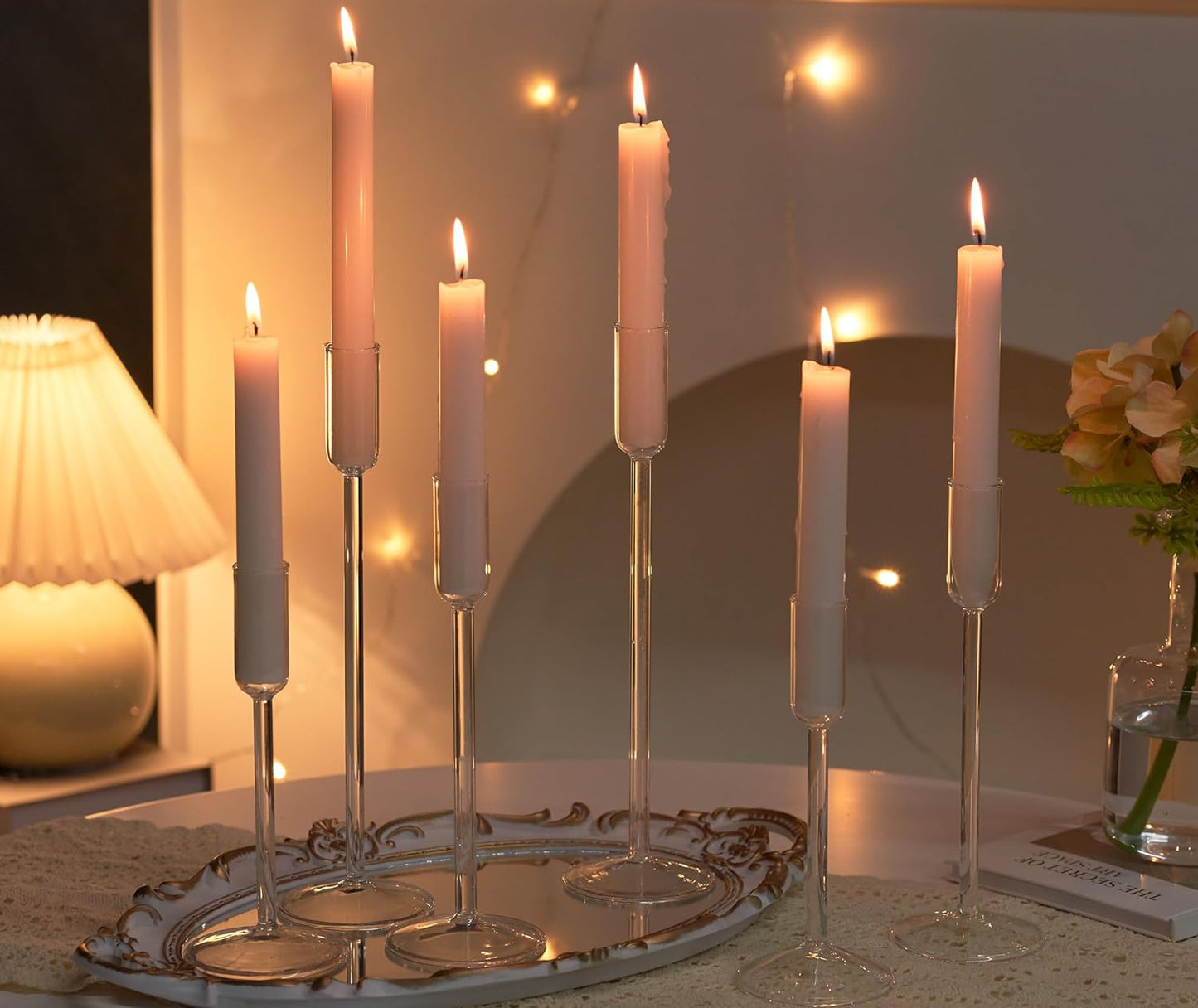 Willceka Candle Holder, Glass Taper Candle Tall Candlestick Holder, 3 Different Heights, for Table Centerpiece, Wedding, Party, Clear, 12pcs