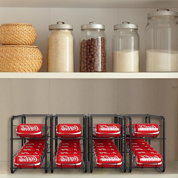 MOOACE 4 Pack Can Organizer for Pantry, Stackable Soda Can Dispenser Rack, Pantry Organizer Canned Food Storage Holder for Kitchen Refrigerator Cabinet, Black