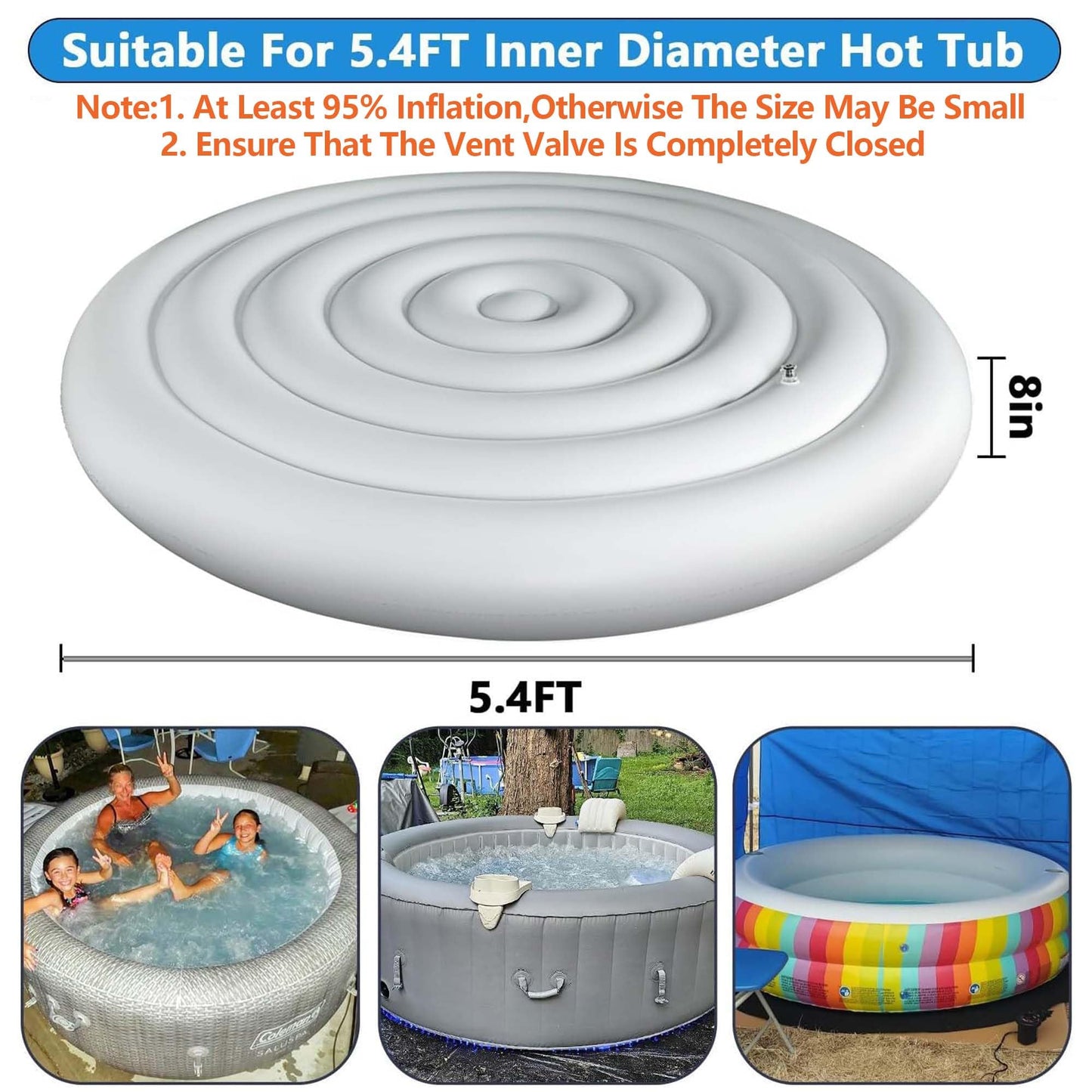 Tlswshsy 5.4 Ft Inflatable Hot Tub Cover- Energy Saving Lid for Round Hot Tub- Foldable Protective Rain Overflow Cover for Outdoor Inflatable Hot Tubs