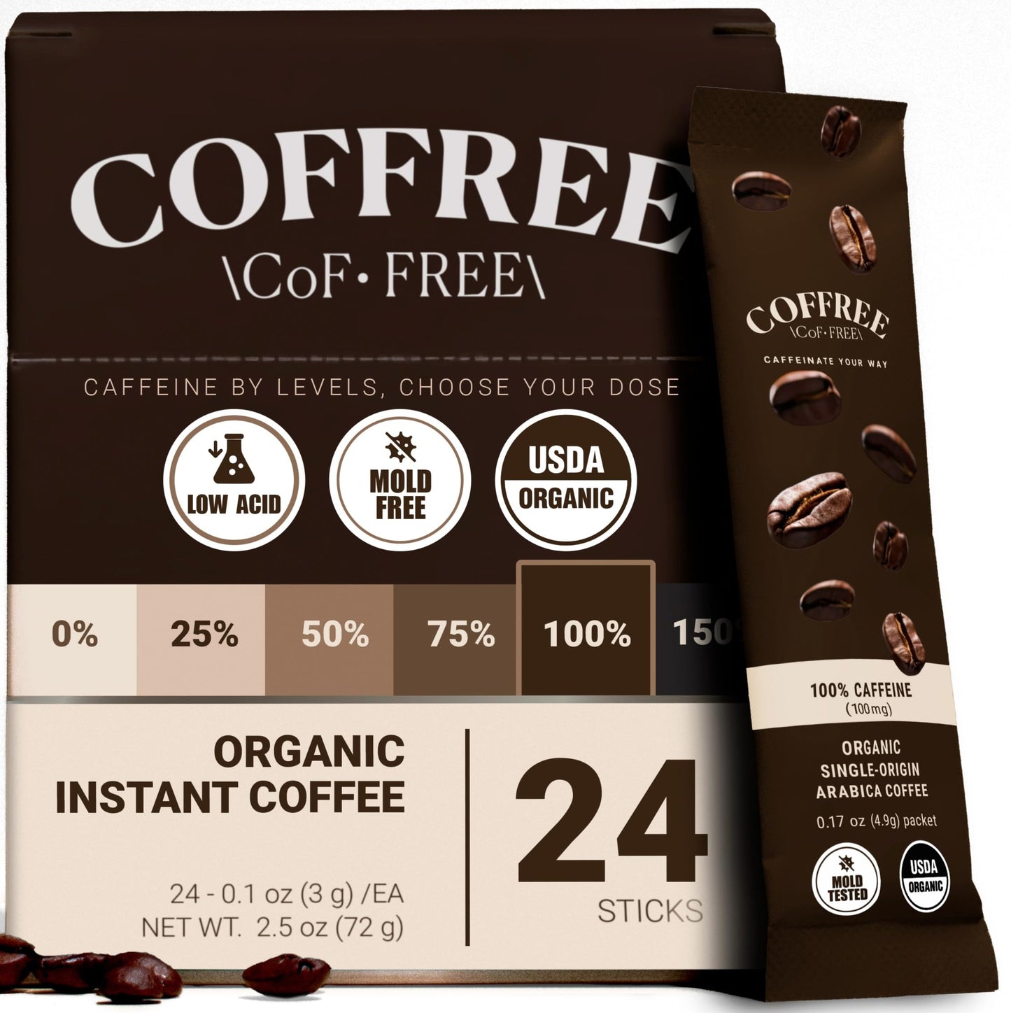 COFFREE Organic Instant Coffee Packets - 100% Caffeine Convenient Coffee Sticks Mold Free Low Acid Arabica Beans for On-the-Go Energy - Hot or Cold Rich Taste Single Serve Travel Packets 24 Count