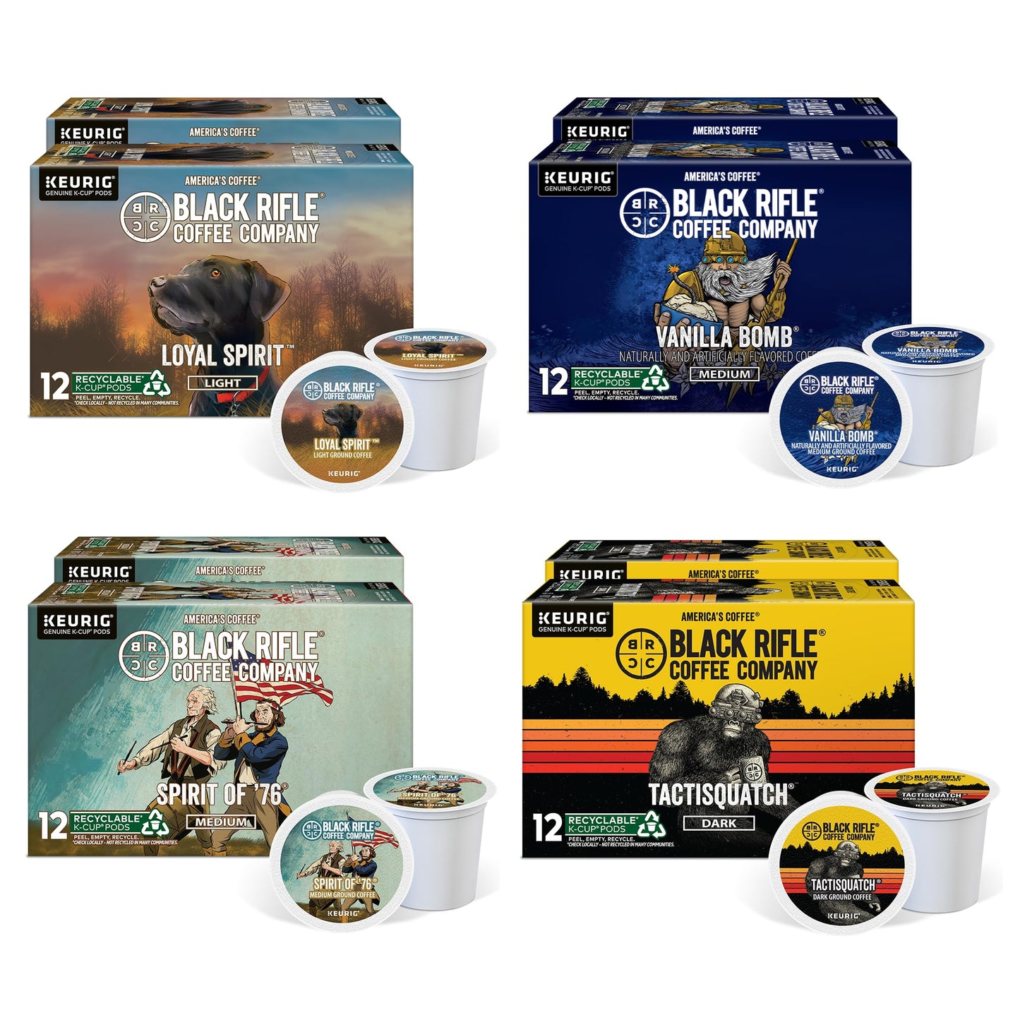 Black Coffee Flavored Variety 96 Pods - Loyal Spirit (Light Roast) Vanilla & Spirit of 76 (Medium Roast) and Tactisquatch (Dark Roast) - K Cups Coffee Variety Pack