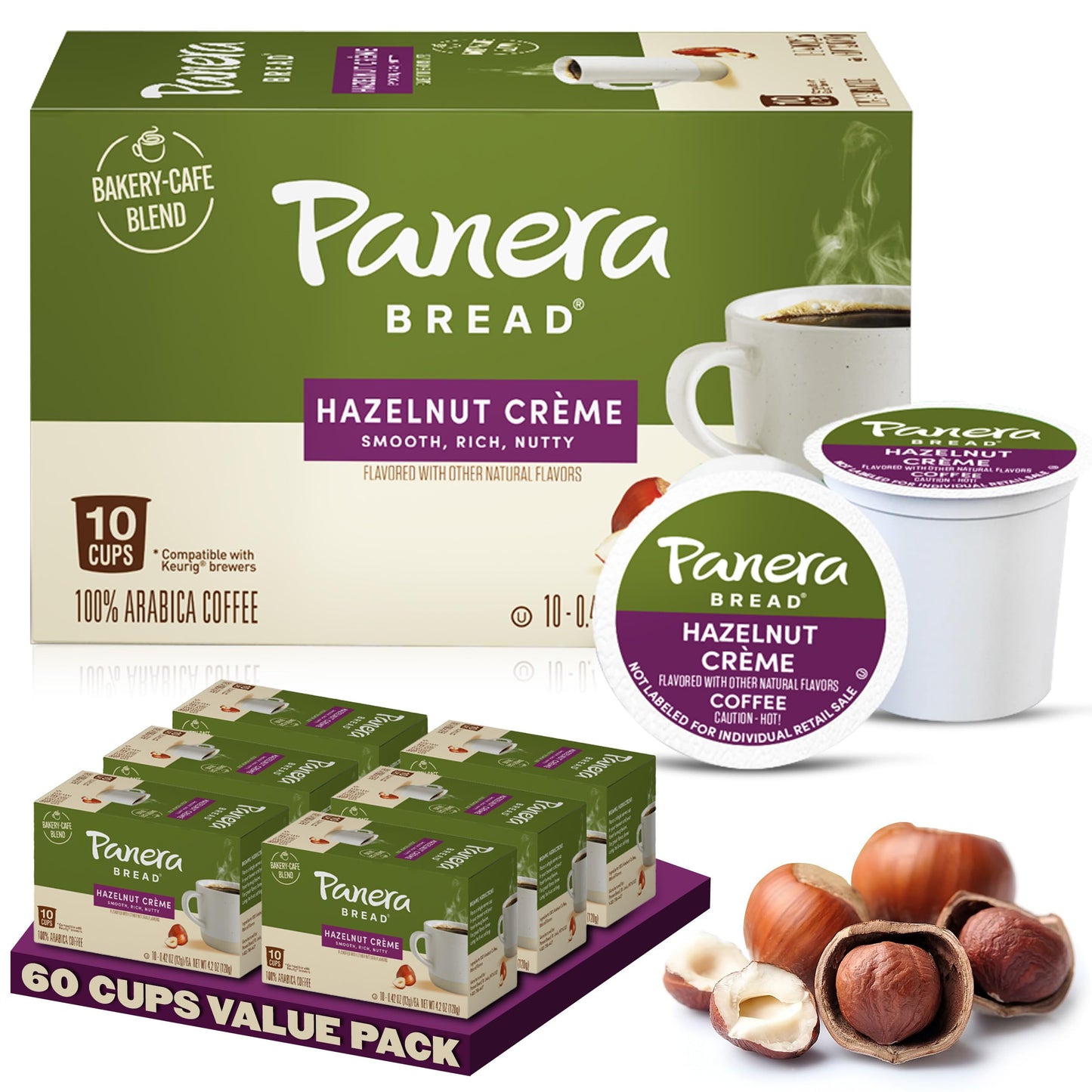 Panera Bread Hazelnut Crme Light Roast Coffee - Cafe-Quality Cup Pods Smooth Buttery Flavor 100% Arabica No Artificial Ingredients 60 Single Serve Pods (6 Packs of 10)