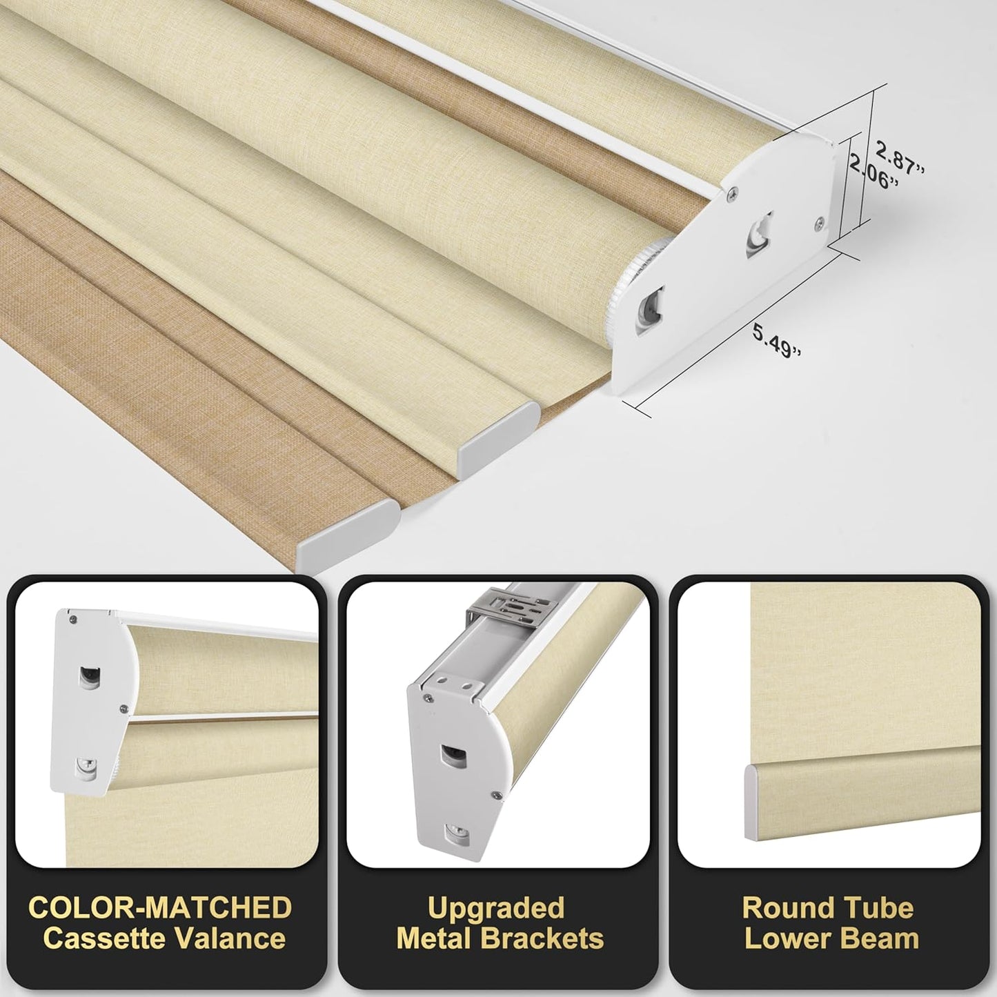 BERISSA Cordless Dual Roller Shades with Cassette Valance,Double Window Shades Blackout and Light Filtering Shades,Day and Night Roller Shades for Home Office Door.Linen Beige.52 W x 64" H